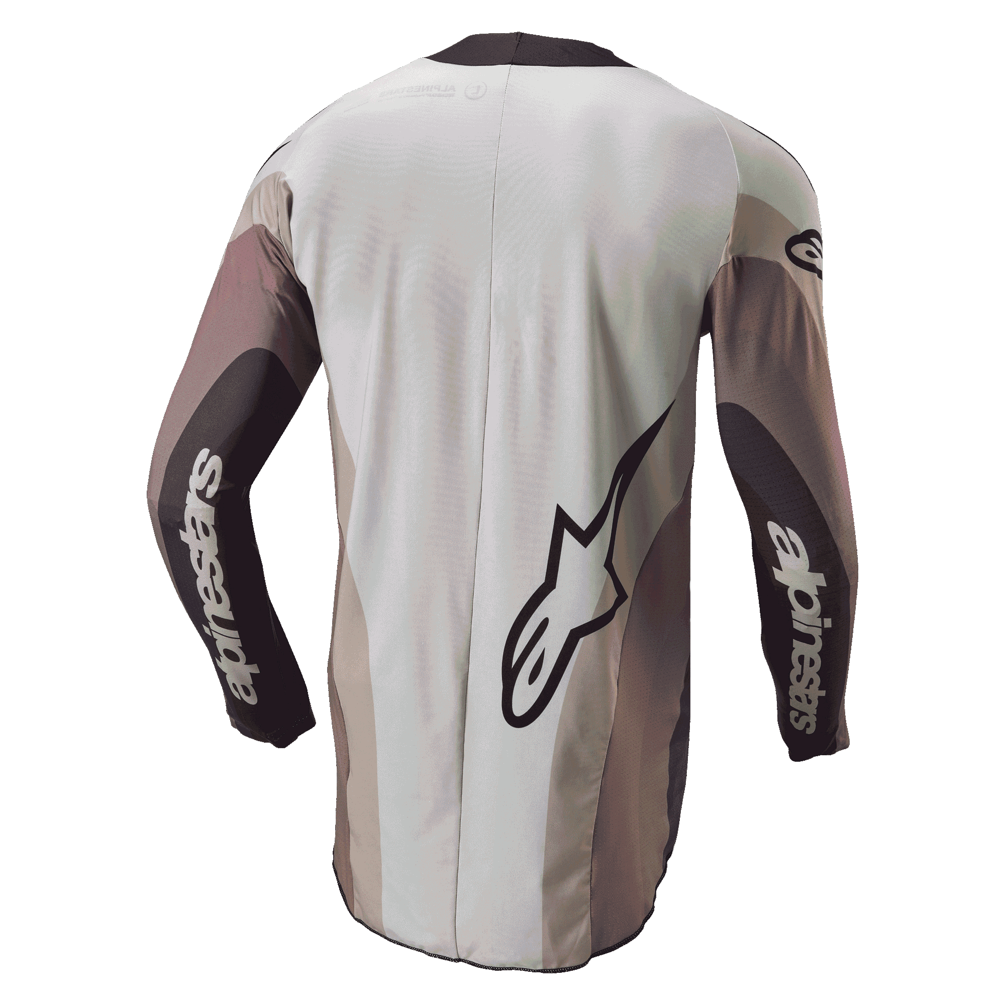 Alpinestars 2024 Techstar Pneuma trøje, motocross-trøje, set bagfra i Dark Sand Iron Dust Gray, med et stort Alpinestars-logo og branding på ærmerne, atletisk pasform med farveopdelte paneler og en forlænget bagdel for dækning.