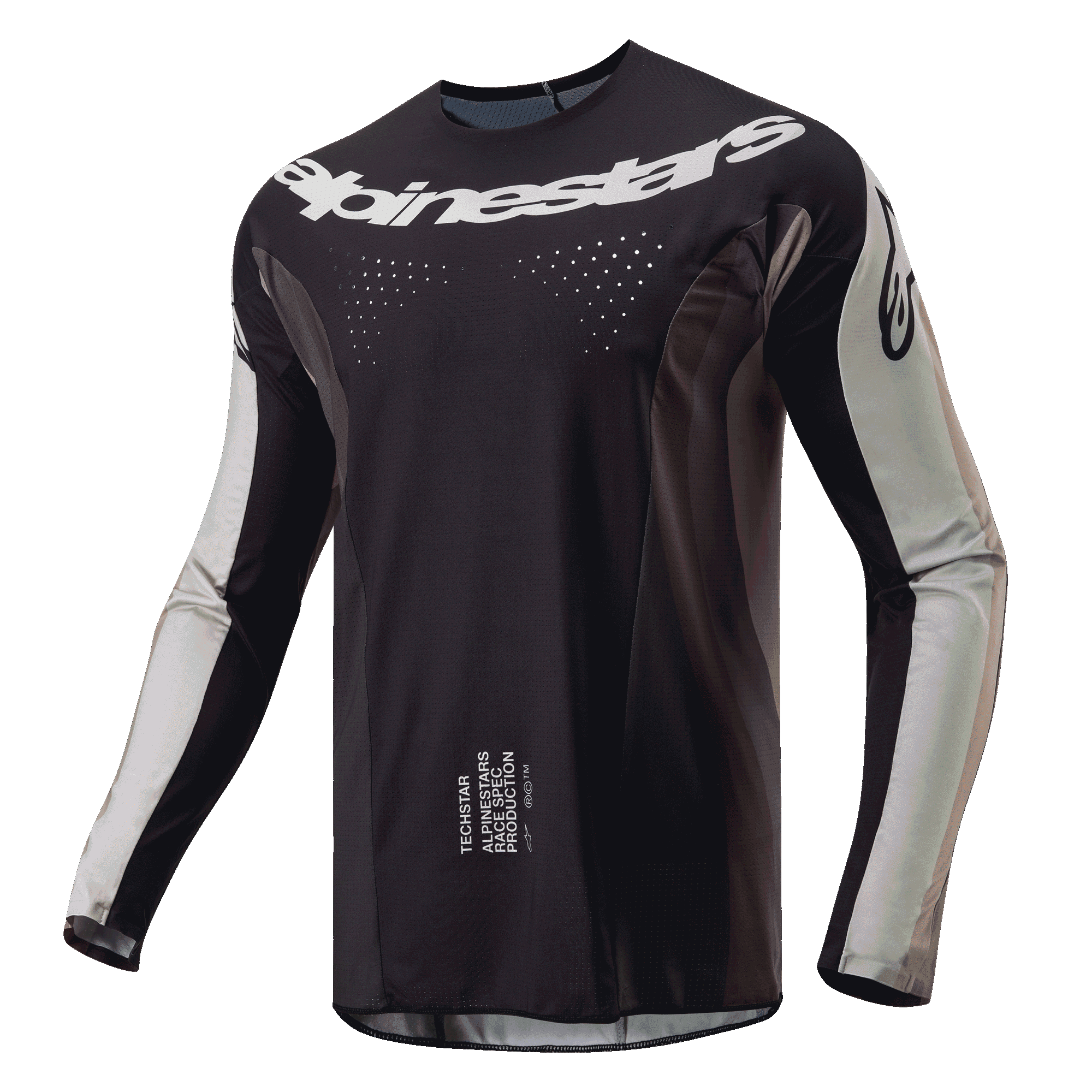 Alpinestars 2024 Techstar Pneuma jersey, motocross trøje, Dark Sand og Iron Dust Gray, sort hoveddel med lysegrå ærmepaneler, hvidt Alpinestars-logo over brystet, laserskårne ventilationsperforeringer, performance off-road køreudstyr