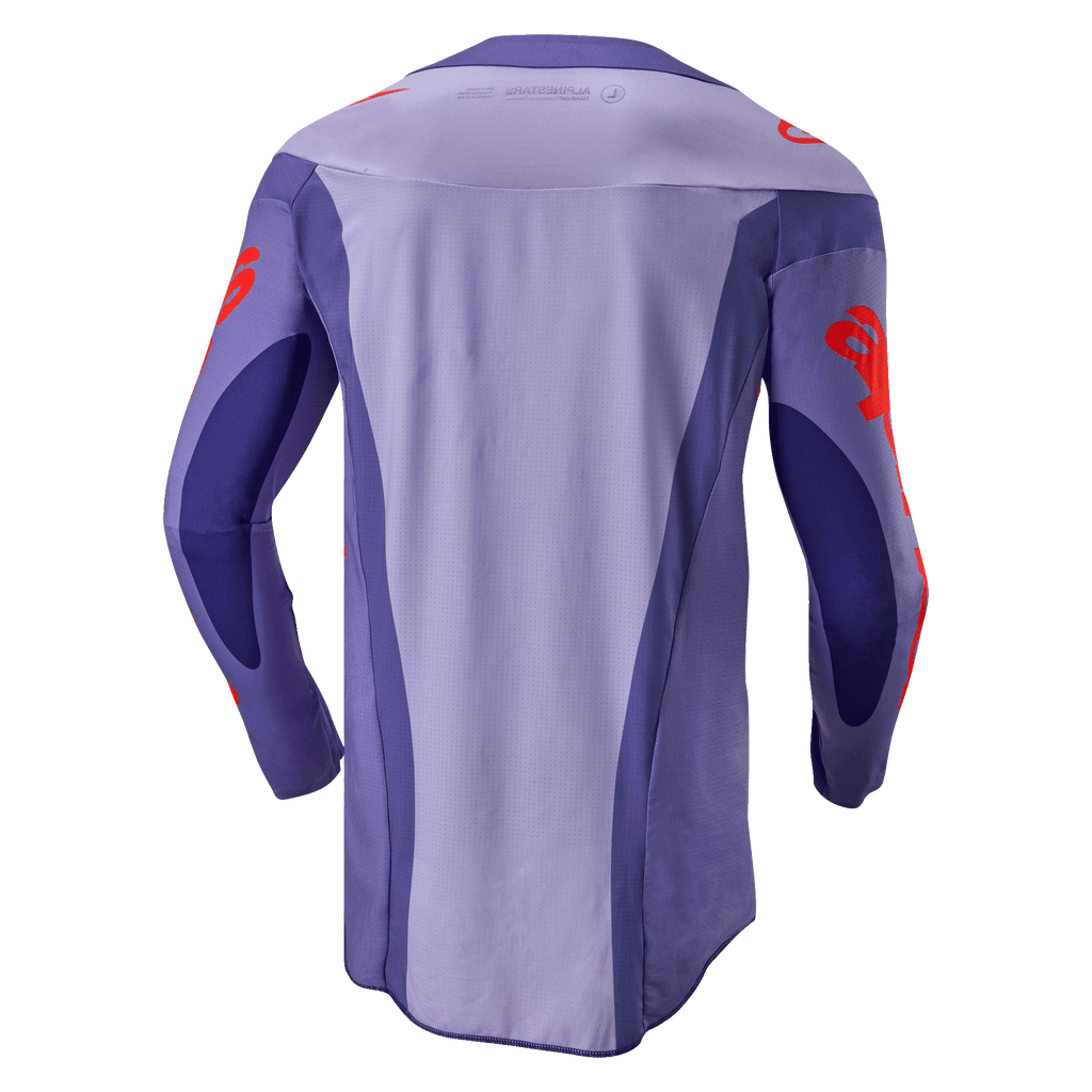 Alpinestars 2024 Techstar Ocuri trøje, motocross trøje, lilla og hot orange, set bagfra med lilla multi-panel design, orange logo-grafik på ærmer og skuldre, forlænget bagstykke til off-road racing.