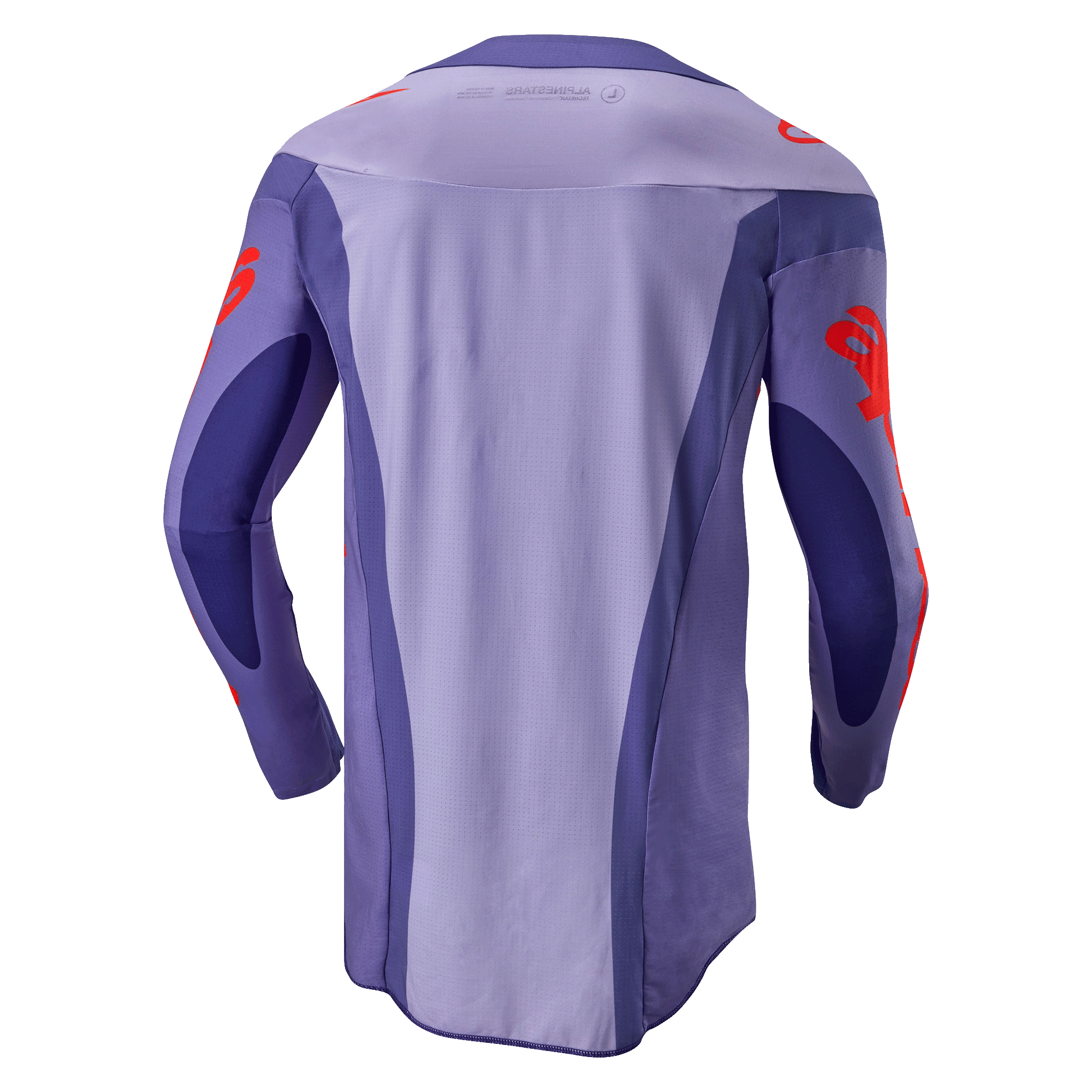 Alpinestars 2024 Techstar Ocuri trøje, motocross trøje, lilla og hot orange, set bagfra med lilla multi-panel design, orange logo-grafik på ærmer og skuldre, forlænget bagstykke til off-road racing.