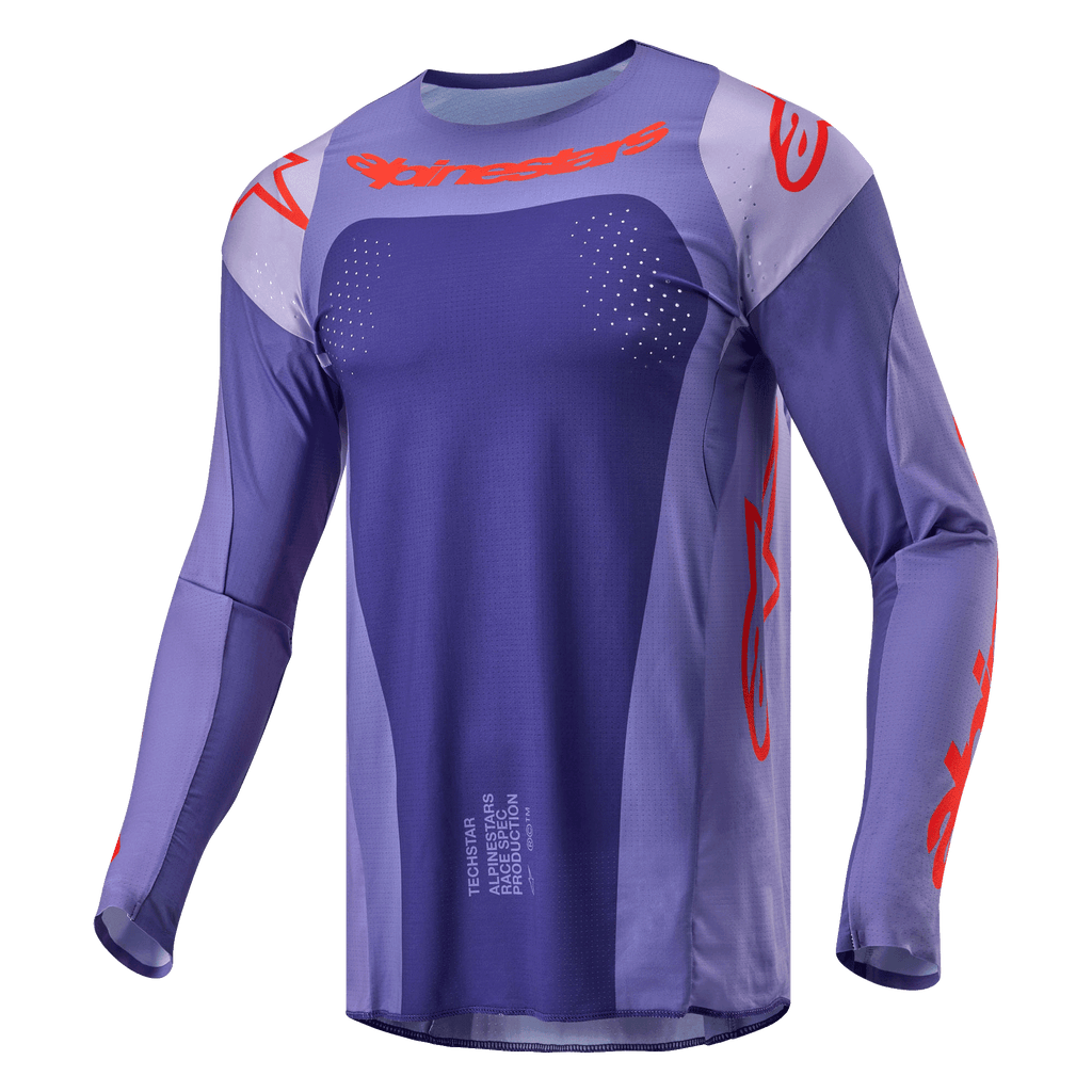 Alpinestars 2024 Techstar Ocuri trøje, motocross-trøje, lilla og stærk orange, langærmet atletisk pasform med laser-skårne perforeringer, tydelig orange branding på bryst og ærmer, fugttransporterende poly-stof til off-road racing