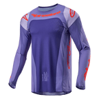 Alpinestars 2024 Techstar Ocuri trøje, motocross-trøje, lilla og stærk orange, langærmet atletisk pasform med laser-skårne perforeringer, tydelig orange branding på bryst og ærmer, fugttransporterende poly-stof til off-road racing