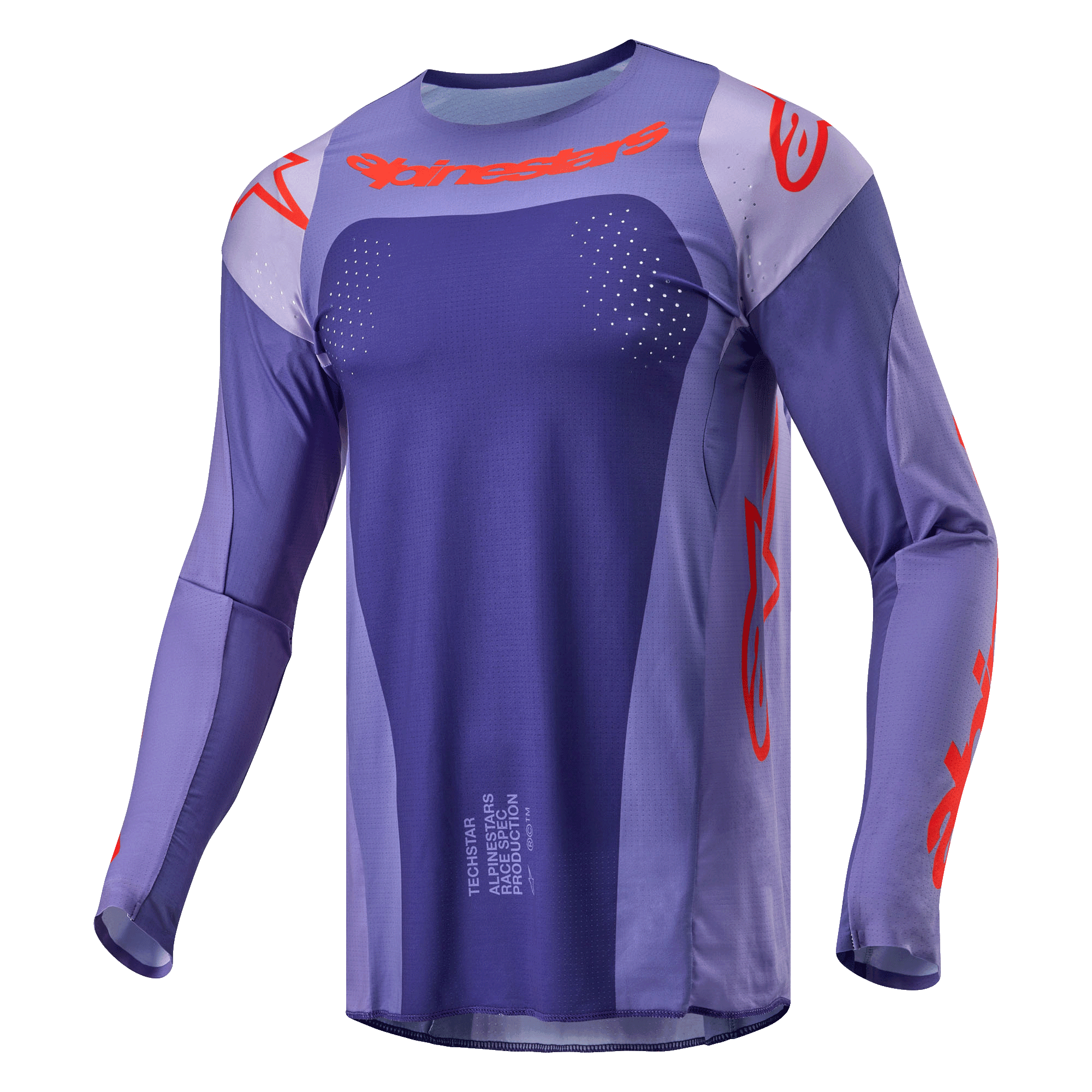 Alpinestars 2024 Techstar Ocuri trøje, motocross-trøje, lilla og stærk orange, langærmet atletisk pasform med laser-skårne perforeringer, tydelig orange branding på bryst og ærmer, fugttransporterende poly-stof til off-road racing