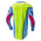 Alpinestars 2024 Techstar Ocuri Jersey, Motocross Jersey, Light Blue, Yellow Fluo and Red Berry, rear view showing a bright neon yellow back panel, light blue sleeves with red berry accents, and ergonomic athletic fit for off-road performance.