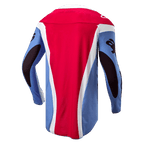 Alpinestars 2024 Techstar Ocuri Jersey, motocross-trøje, lyseblå, Mars-rød og hvid, set bagfra med atletisk race-pasform, forlænget rygstykke og sort grafik på ærmerne