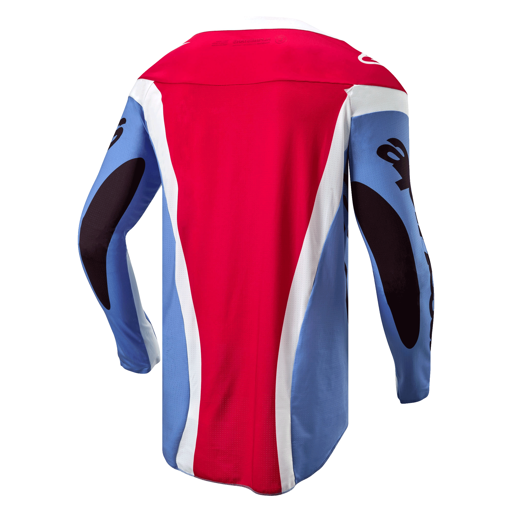 Alpinestars 2024 Techstar Ocuri Jersey, motocross-trøje, lyseblå, Mars-rød og hvid, set bagfra med atletisk race-pasform, forlænget rygstykke og sort grafik på ærmerne