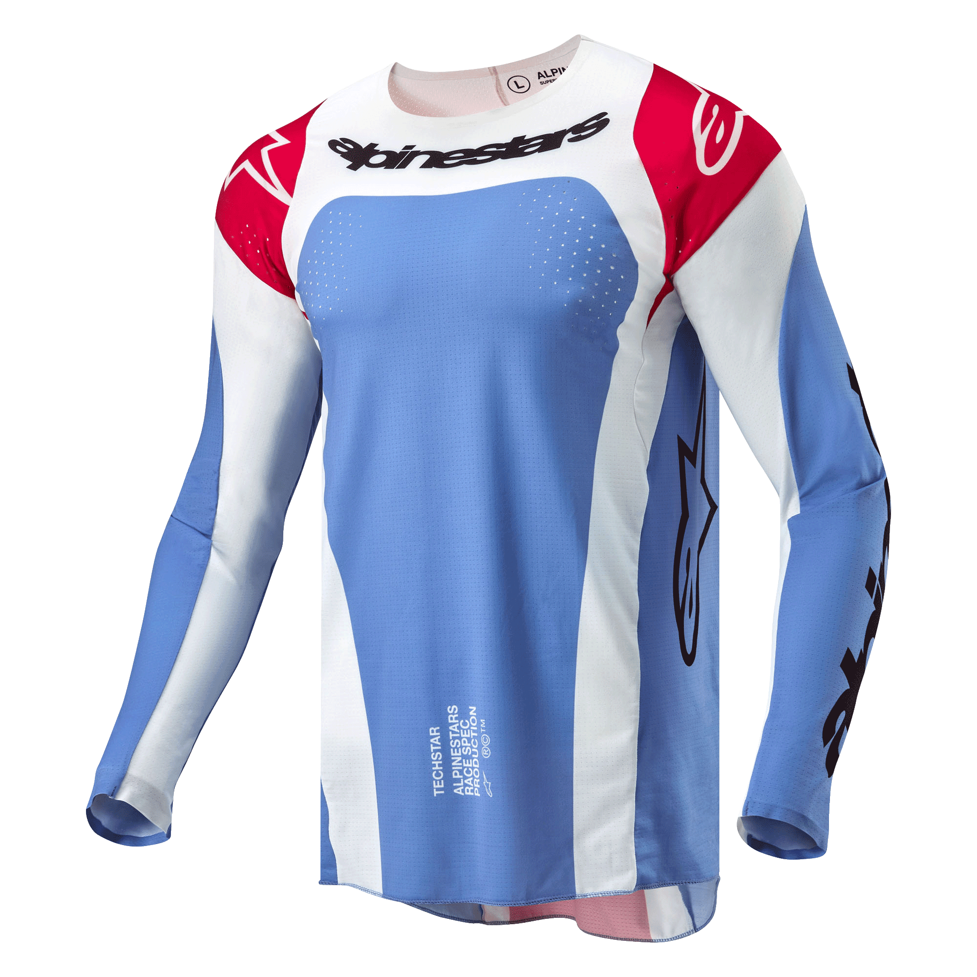 Alpinestars 2024 Techstar Ocuri jersey, motocross-trøje, lyseblå, Mars Red og hvid, med sort Alpinestars-navnetræk på brystet, røde skuldre med hvide logoer og laserskårne perforeringer til ventilation