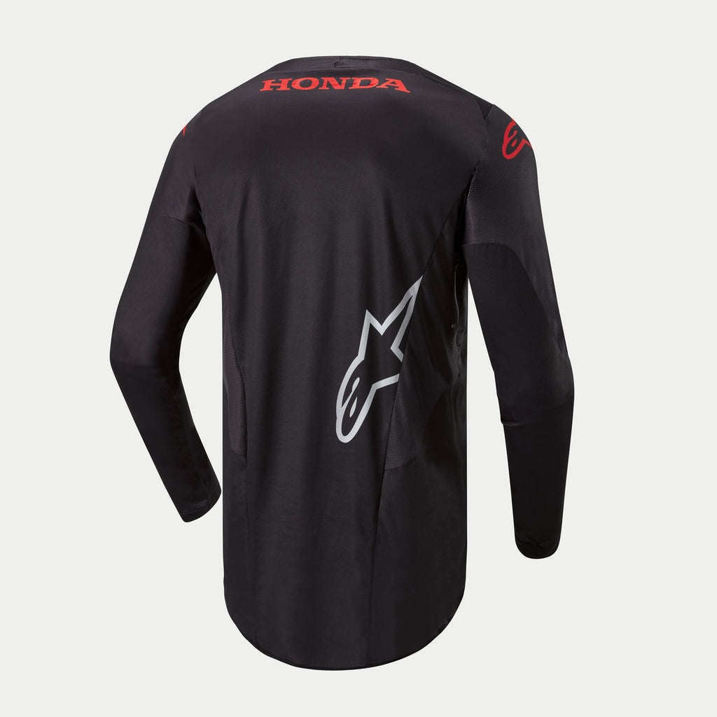 Alpinestars Honda Racer Iconic Jersey, men's motocross riding jersey in black with red and white branding details, long sleeve race fit with extended rear hem, rear view showing Honda logo and Alpinestars graphics