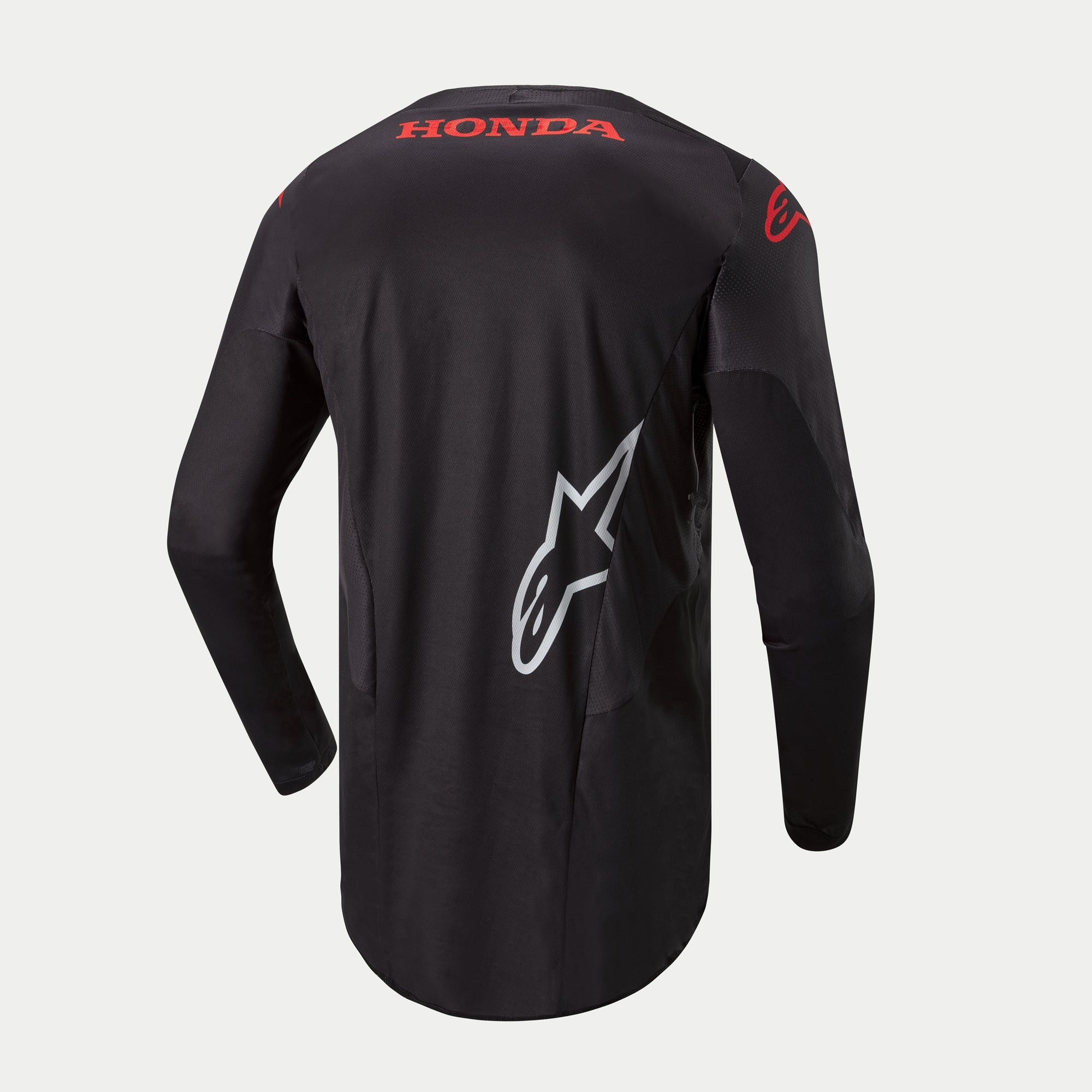 Alpinestars Honda Racer Iconic Jersey, men's motocross riding jersey in black with red and white branding details, long sleeve race fit with extended rear hem, rear view showing Honda logo and Alpinestars graphics