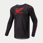 Alpinestars Honda Racer Iconic Jersey, long-sleeve motocross jersey in black and red with official Honda branding, lightweight moisture-wicking performance off-road wear