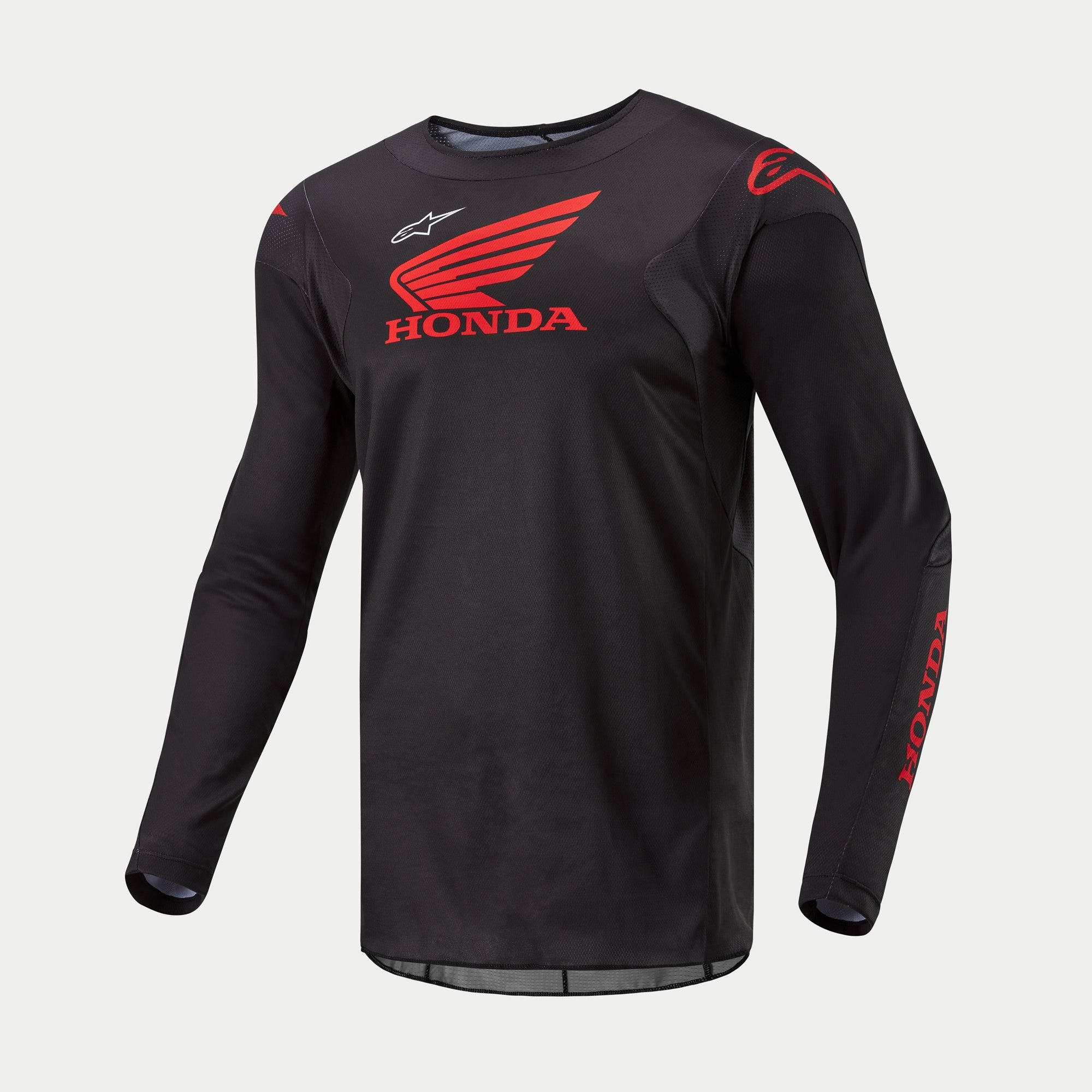 Alpinestars Honda Racer Iconic Jersey, long-sleeve motocross jersey in black and red with official Honda branding, lightweight moisture-wicking performance off-road wear