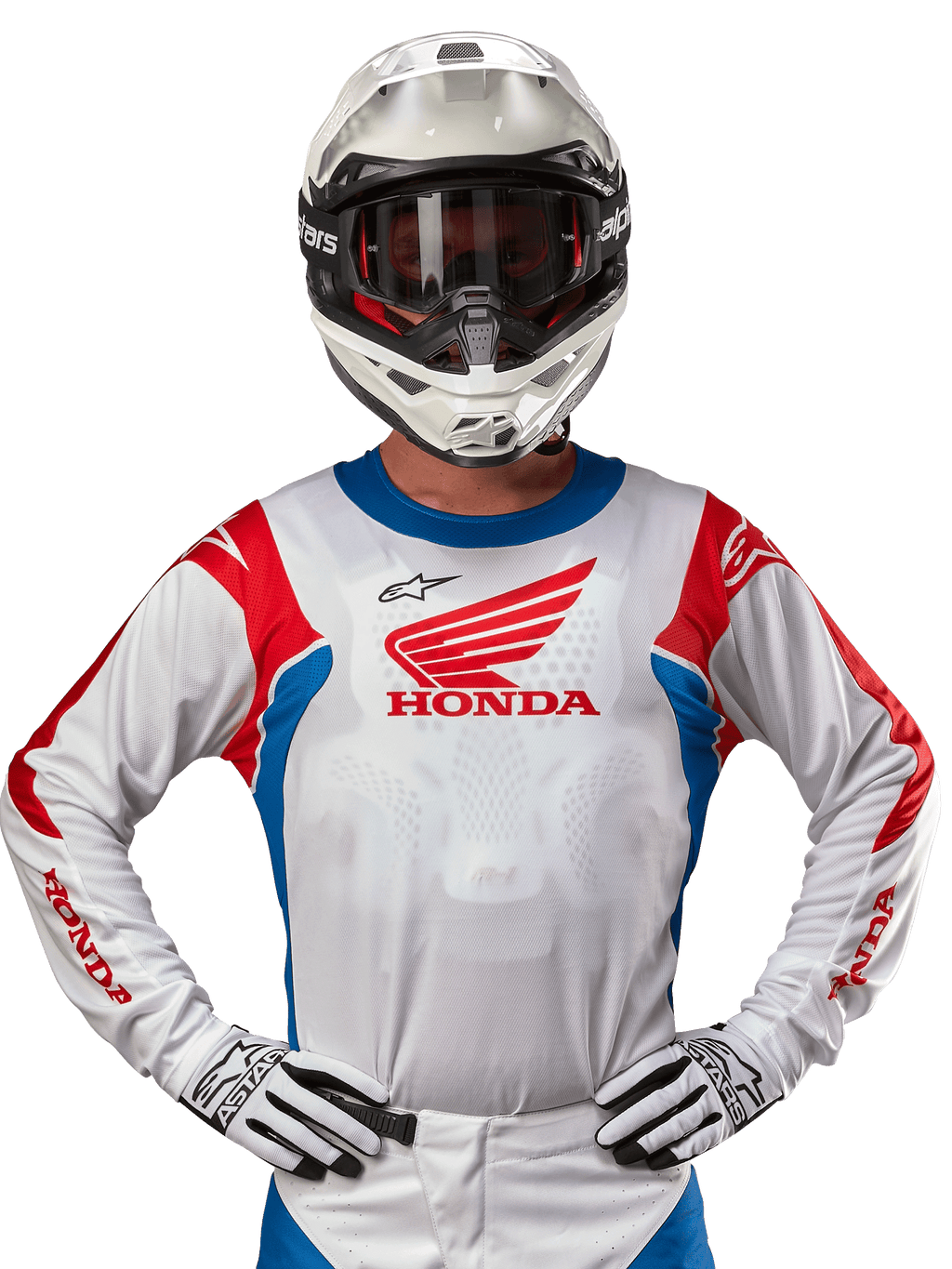 Honda Racer Iconic Jersey, hvid motocross-trøje med rødt Honda-logo og klare blå og røde detaljer, båret af en kører med hvid hjelm og handsker, højtydende udstyr til off-road og motocross-racing