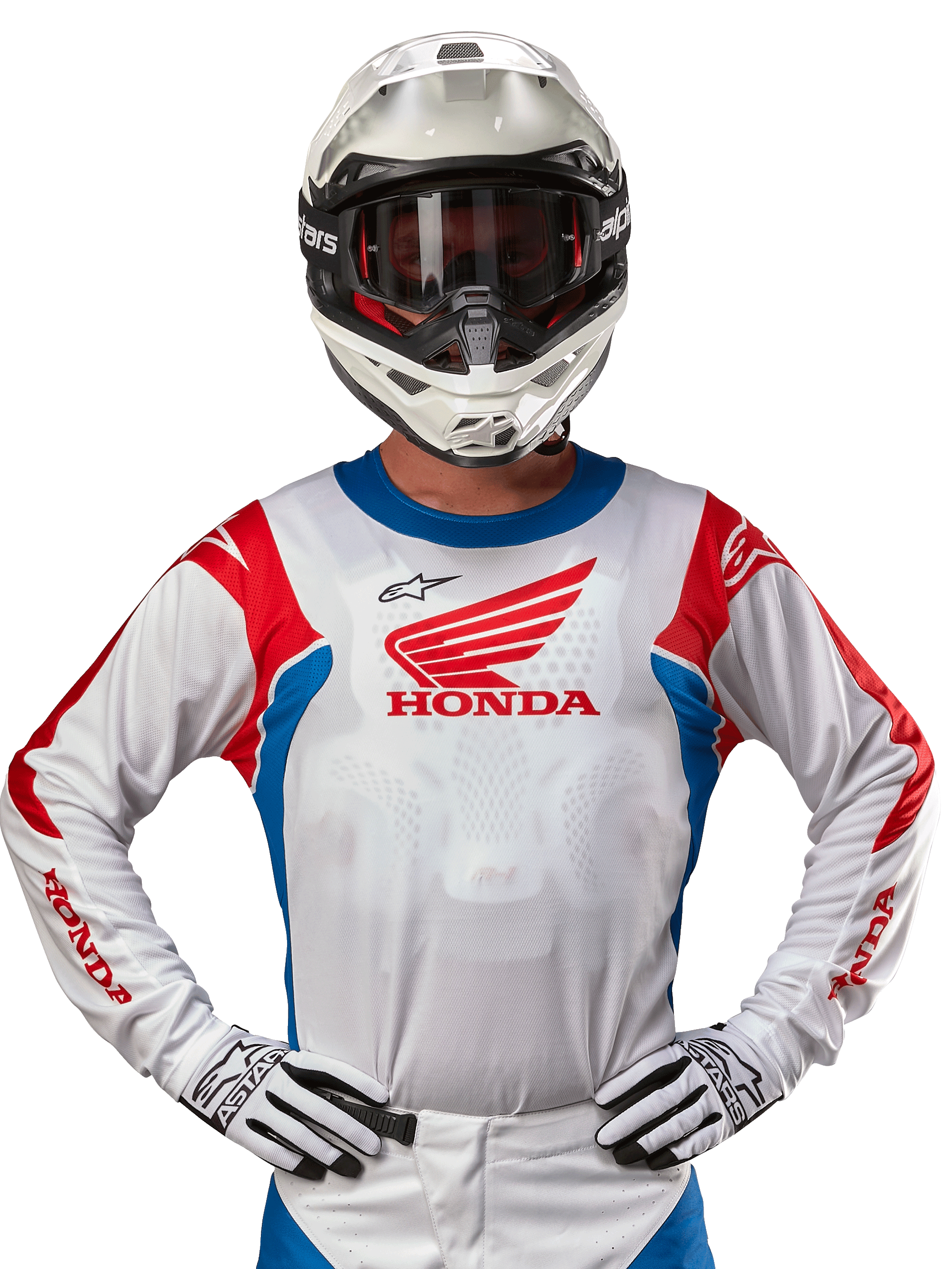 Honda Racer Iconic Jersey, hvid motocross-trøje med rødt Honda-logo og klare blå og røde detaljer, båret af en kører med hvid hjelm og handsker, højtydende udstyr til off-road og motocross-racing