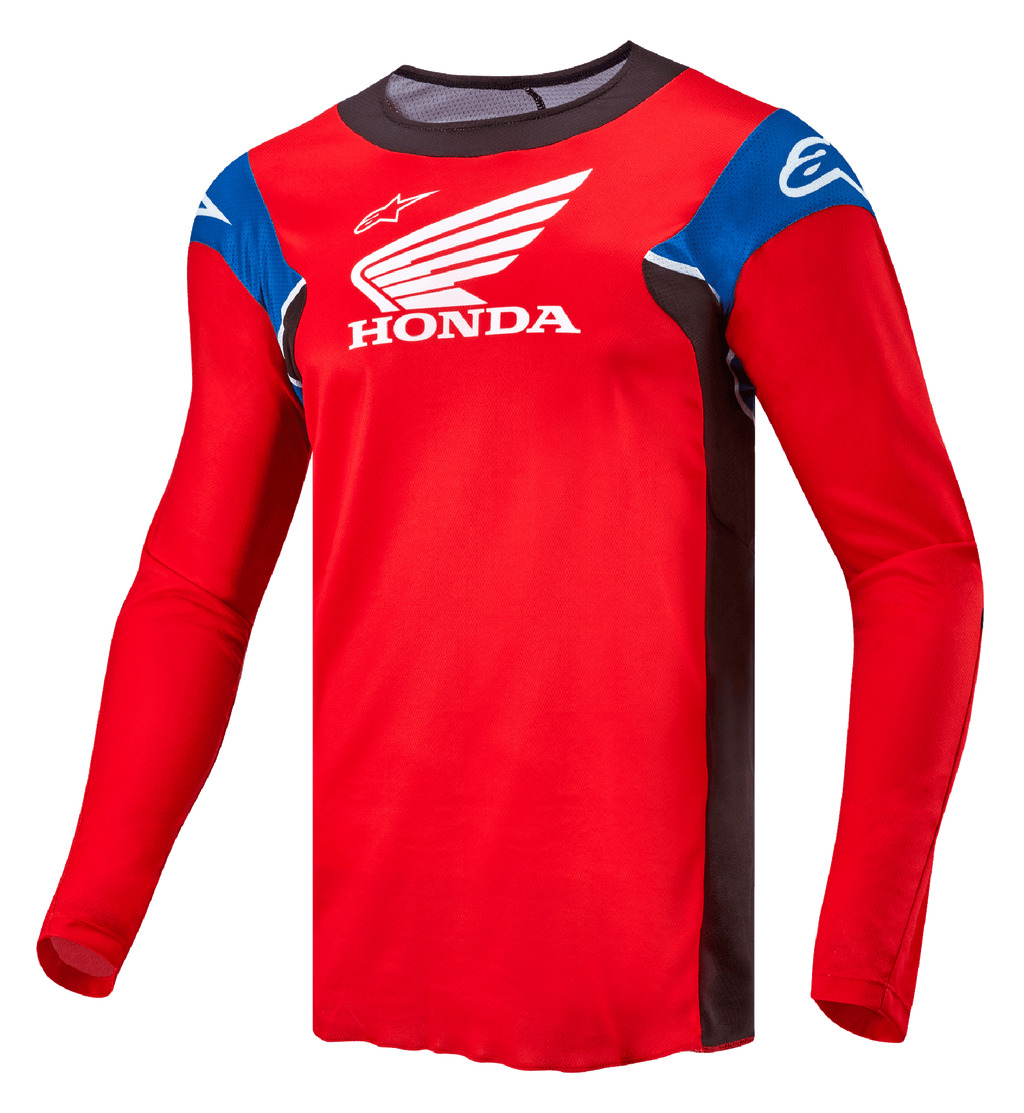 Alpinestars Honda Racer Iconic Jersey, long-sleeve motocross jersey for men, Bright Red with Black, Blue, and White accents, featuring Honda and Alpinestars branding
