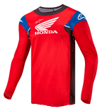 Alpinestars Honda Racer Iconic Jersey, long-sleeve motocross jersey for men, Bright Red with Black, Blue, and White accents, featuring Honda and Alpinestars branding