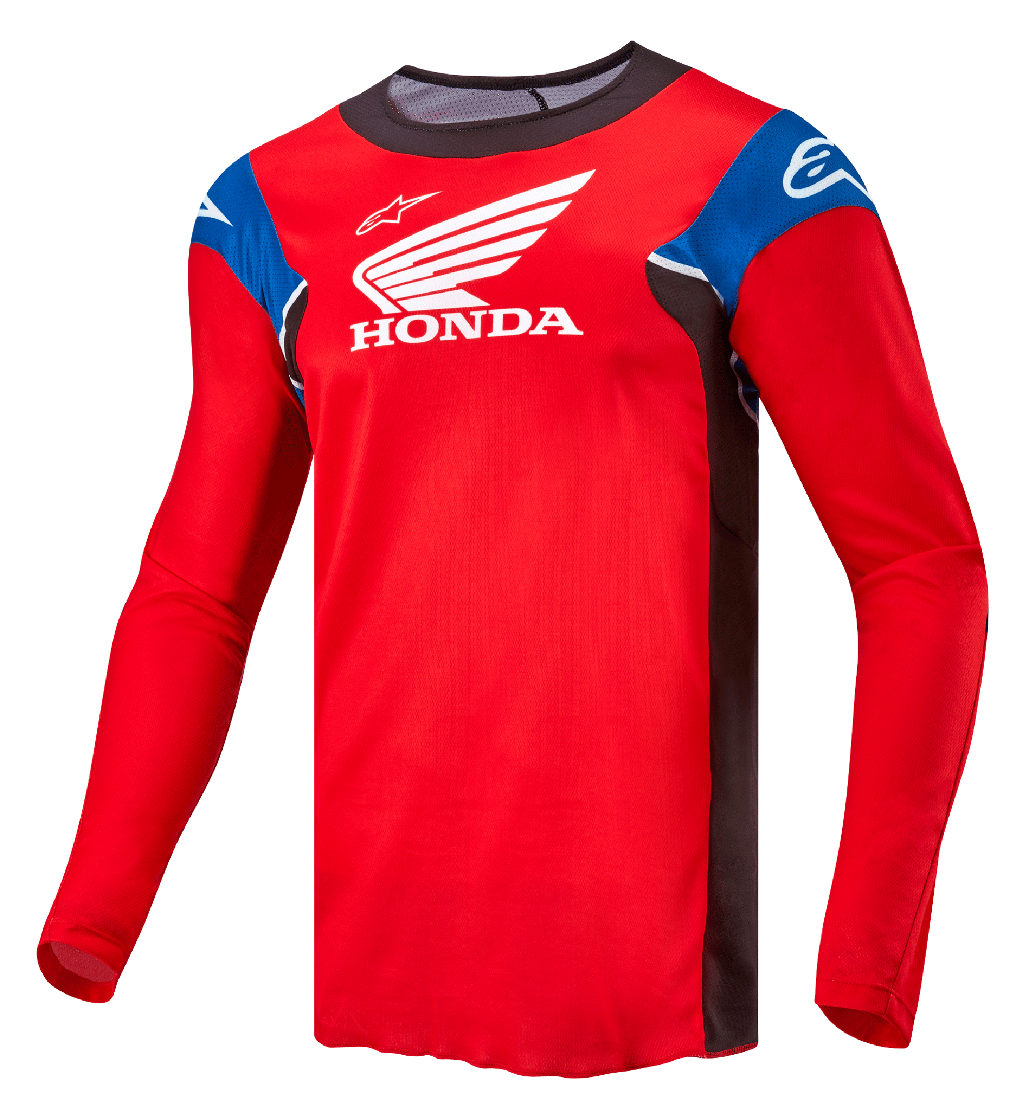 Alpinestars Honda Racer Iconic Jersey, long-sleeve motocross jersey for men, Bright Red with Black, Blue, and White accents, featuring Honda and Alpinestars branding