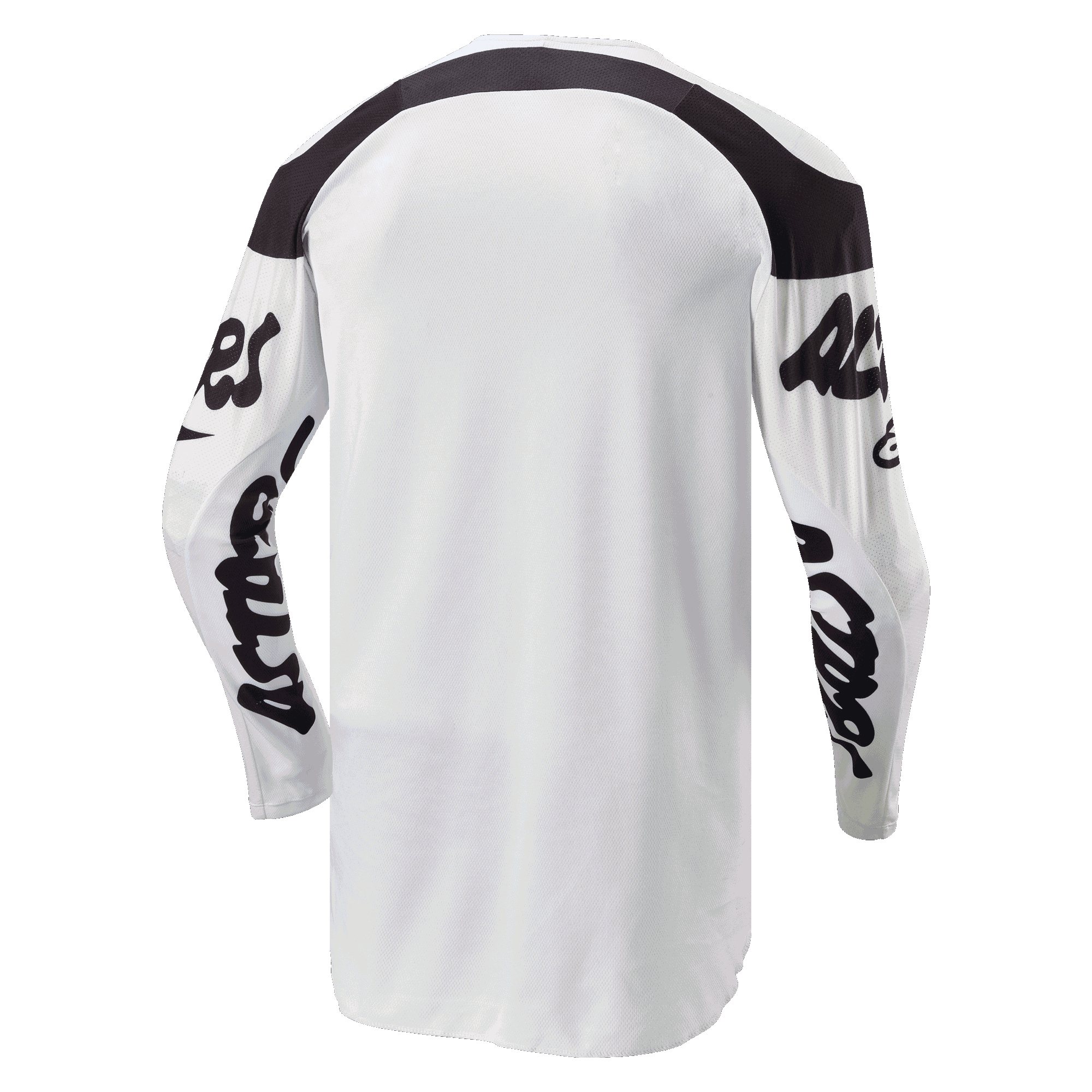 Alpinestars 2024 Racer Hana Jersey, motocross trøje, hvid og sort, set bagfra med forlænget rygstykke for dækning, sorte paneler på skuldrene og sorte script-logoer på ærmerne, slidstærkt fugttransporterende materiale til off-road kørsel