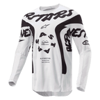 Alpinestars 2024 Racer Hana jersey, motocross-trøje, hvid og sort, med markant sort Alpinestars-branding på brystet, cirkulært ASTARS-logo og tekniske mesh-paneler til off-road præstation.