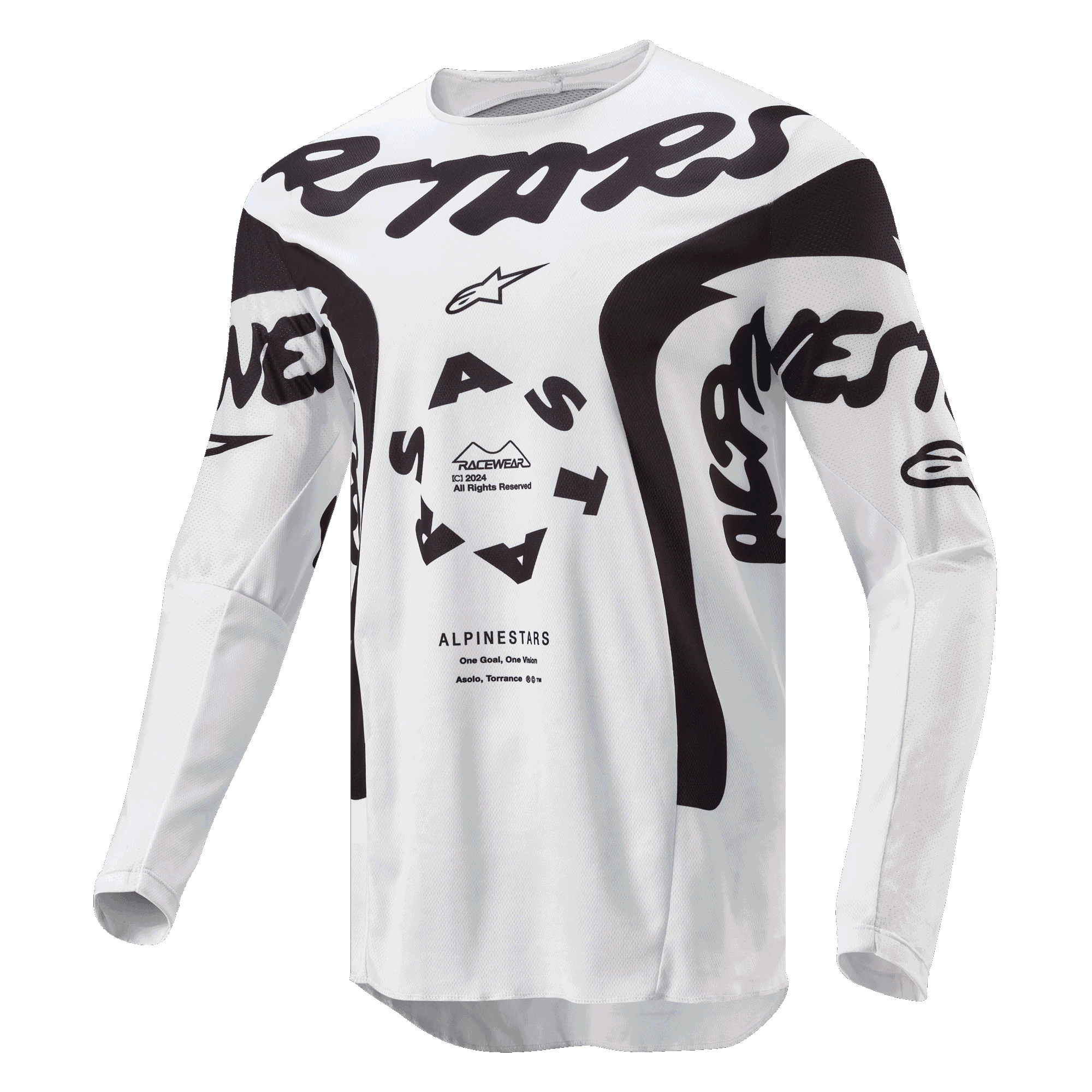Alpinestars 2024 Racer Hana jersey, motocross-trøje, hvid og sort, med markant sort Alpinestars-branding på brystet, cirkulært ASTARS-logo og tekniske mesh-paneler til off-road præstation.