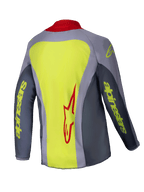 Alpinestars 2025 Youth Racer Melt Jersey, motocross-trøje, klar rød og grå, set bagfra med et stort neongult panel og rødt Alpinestars-logo, grå ærmer med neongul branding, rød krave, teknisk atletisk pasform til off-road racing