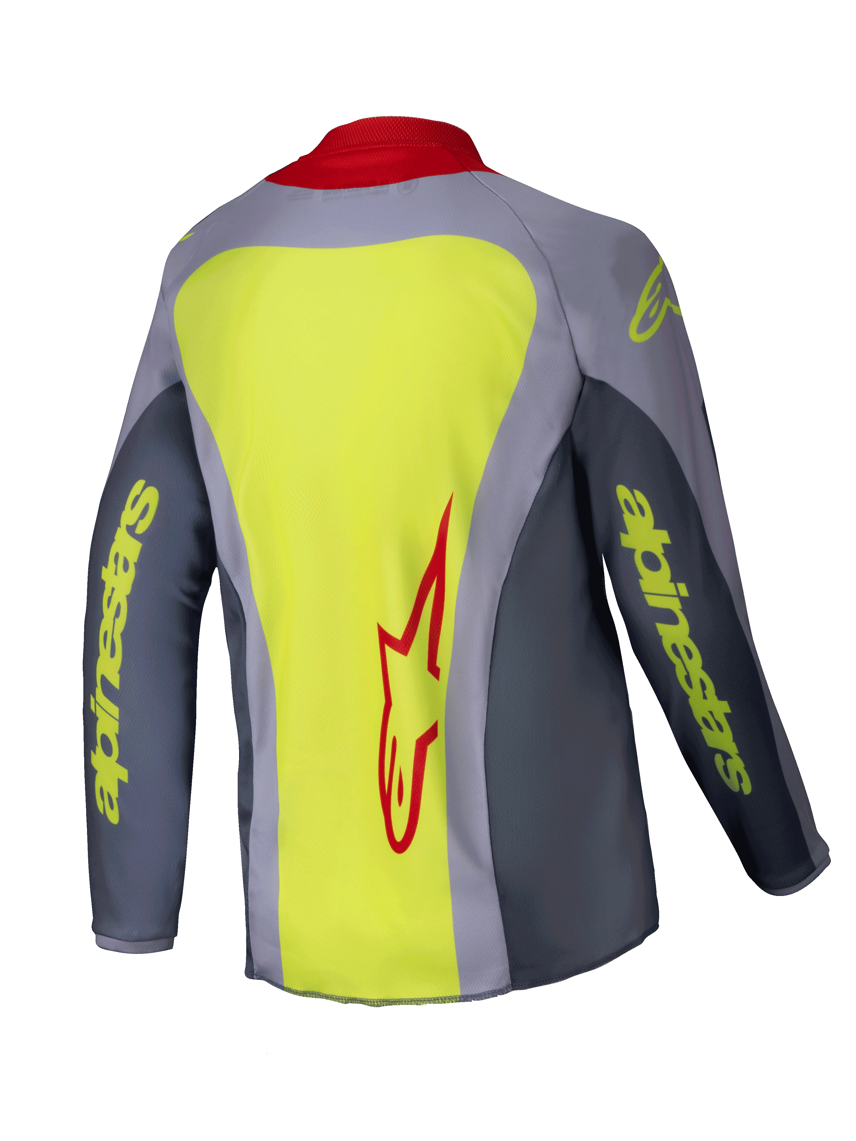 Alpinestars 2025 Youth Racer Melt Jersey, motocross-trøje, klar rød og grå, set bagfra med et stort neongult panel og rødt Alpinestars-logo, grå ærmer med neongul branding, rød krave, teknisk atletisk pasform til off-road racing