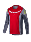 Alpinestars 2025 Youth Racer Melt Jersey, Motocross Jersey, Bright Red and Gray, featuring a large white logo on the chest and neon yellow accents on the shoulders, long-sleeve technical fabric for off-road riding