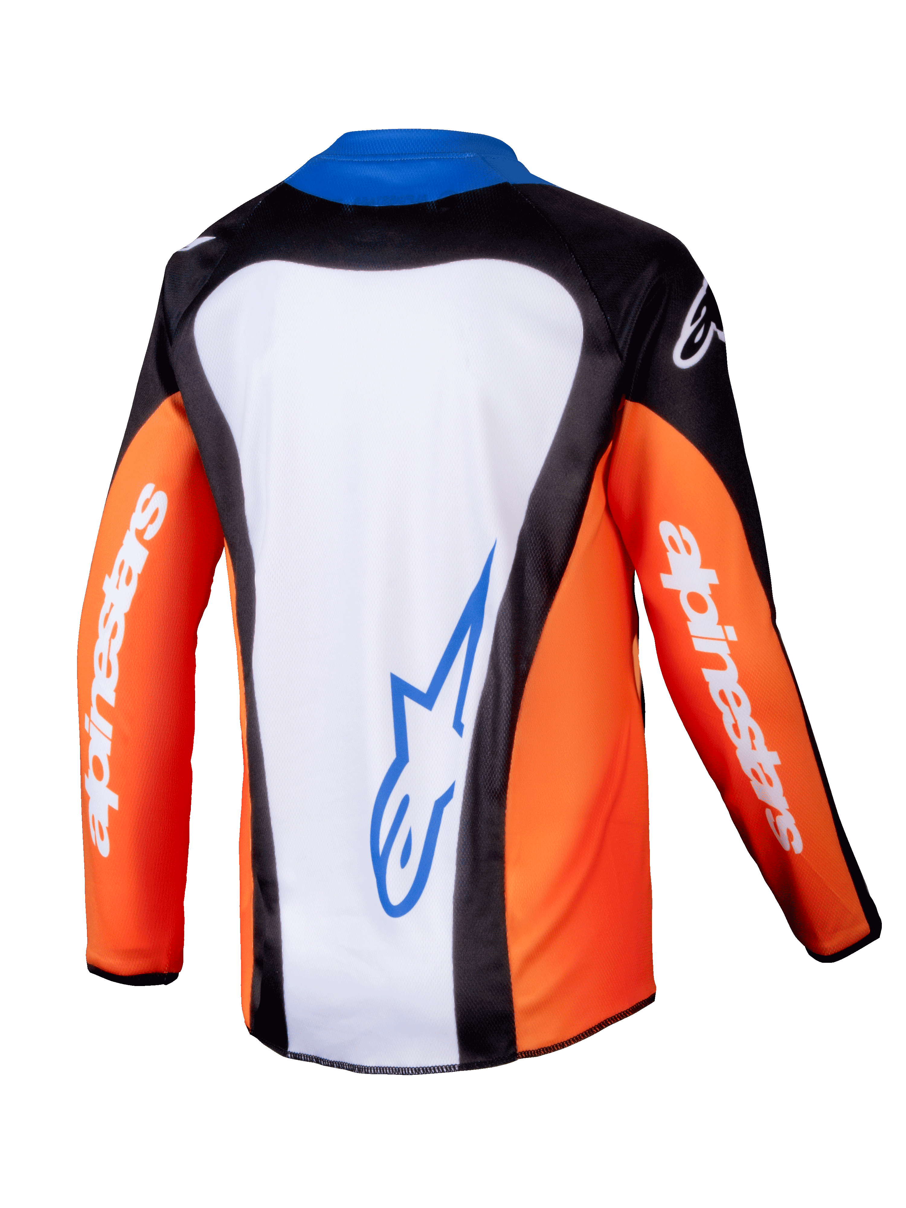 Alpinestars 2025 Youth Racer Melt Jersey, Motocross Jersey, Orange Blue and White, rear view showing white back panel with blue logo, orange sleeves with white branding, ergonomic design for youth off-road riding
