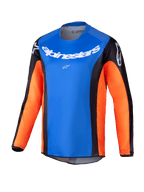 Alpinestars 2025 Youth Racer Melt Jersey, Motocross Long-Sleeve Jersey, bright blue chest with orange sleeves and black side panels, white Alpinestars branding on chest and shoulders, lightweight moisture-wicking fabric for youth off-road riding