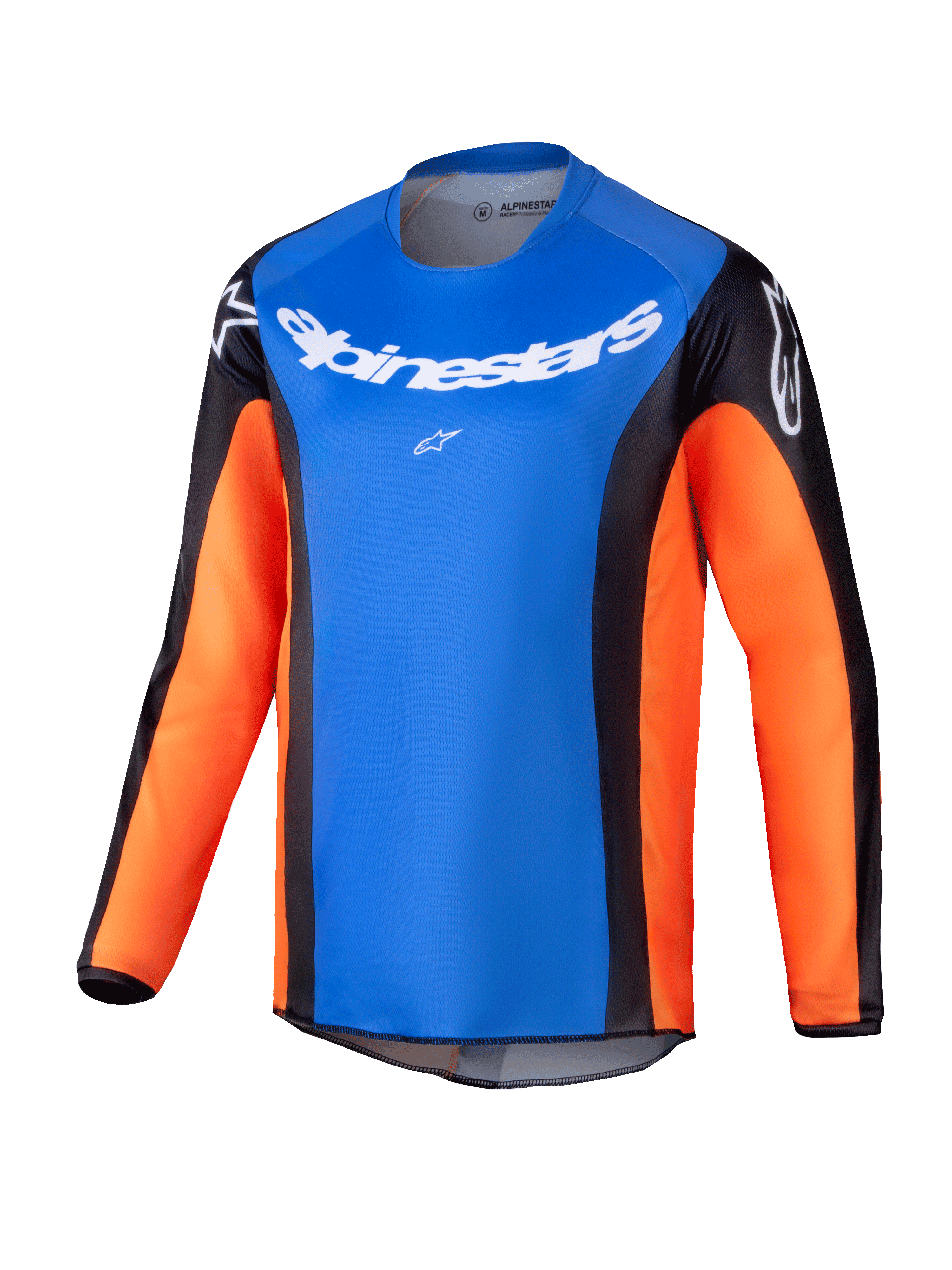 Alpinestars 2025 Youth Racer Melt Jersey, langærmet motocross-trøje, lyseblå front med orange ærmer og sorte sidepaneler, hvid Alpinestars-branding på bryst og skuldre, letvægts fugttransporterende materiale til off-road kørsel for unge