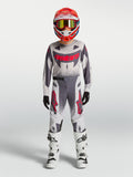 Alpinestars 2027 Ungdom Supertech Swan Gear Set, gråt og hvidt motocrosssæt med røde detaljer til unge ryttere.