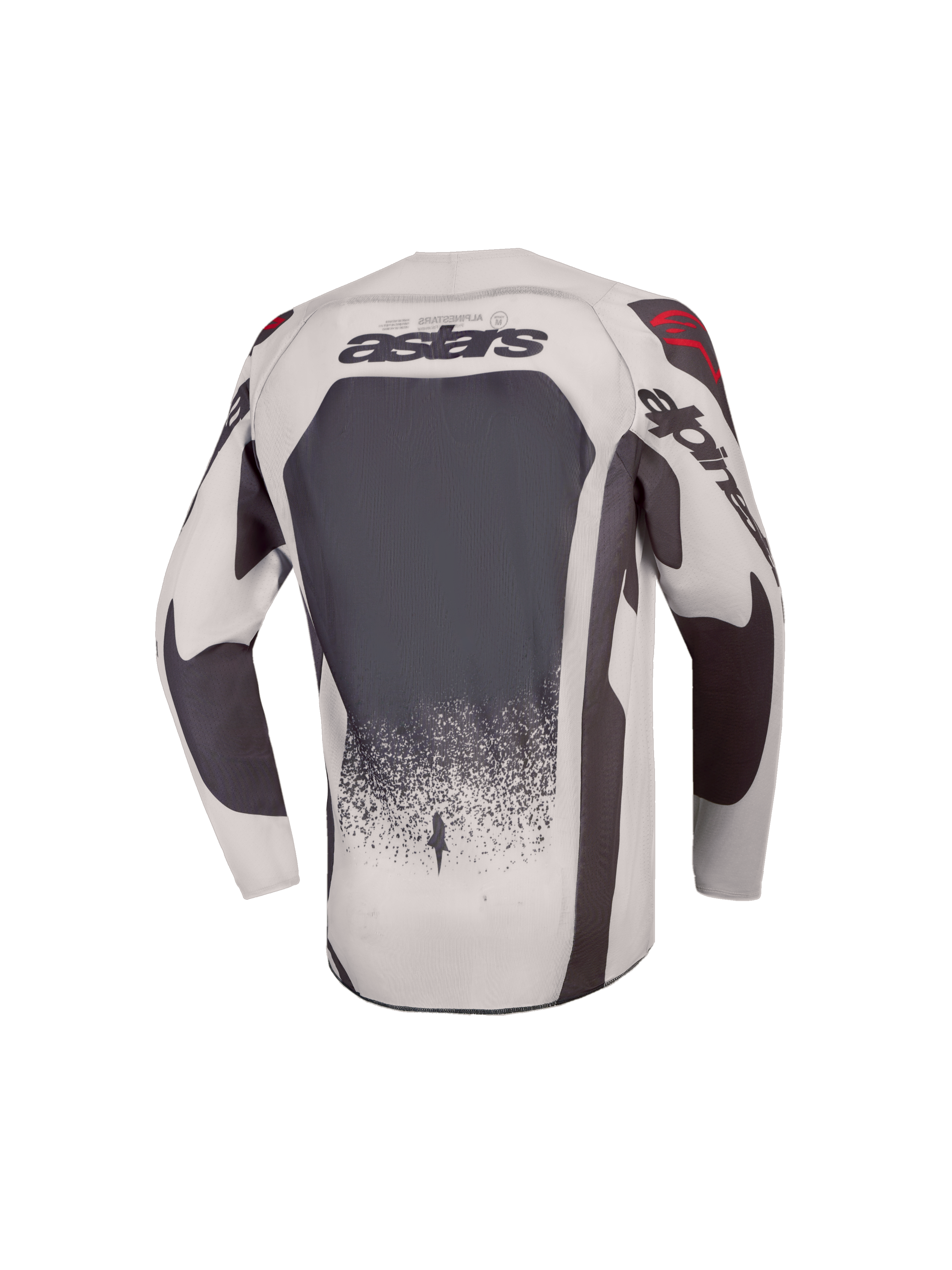 Alpinestars 2027 Ungdom Supertech Swan trøje, grå og mørkegrå motocrosstrøje med ventileret mesh, set bagfra.