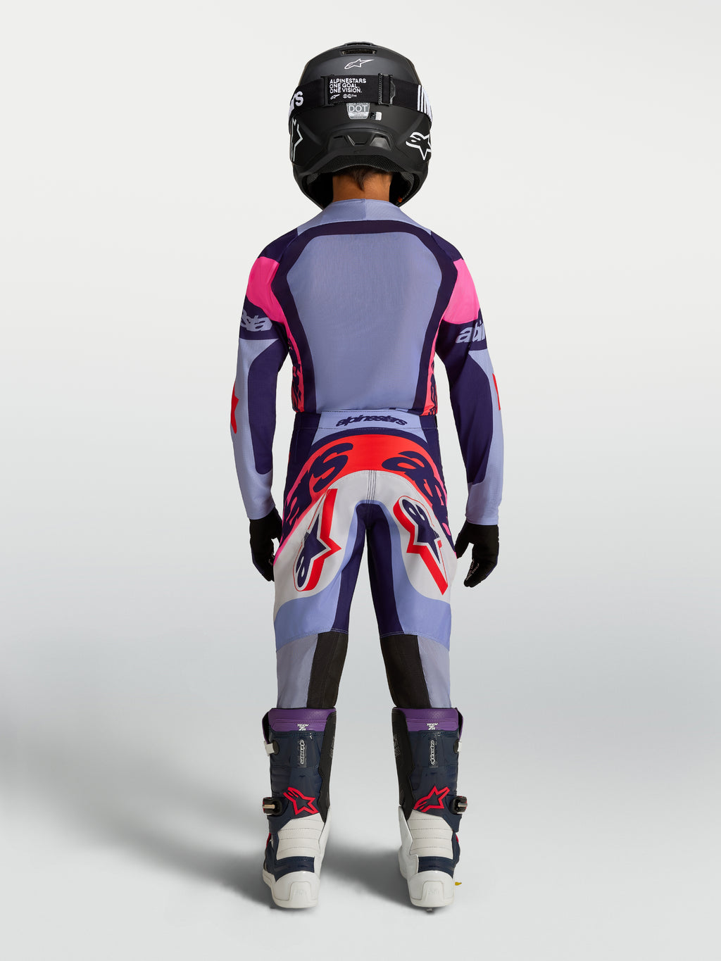 Alpinestars Ungdom Supertech Dyna Gear Set, lilla og pink motocross-sæt med letvægts trøje i strækmesh, set bagfra