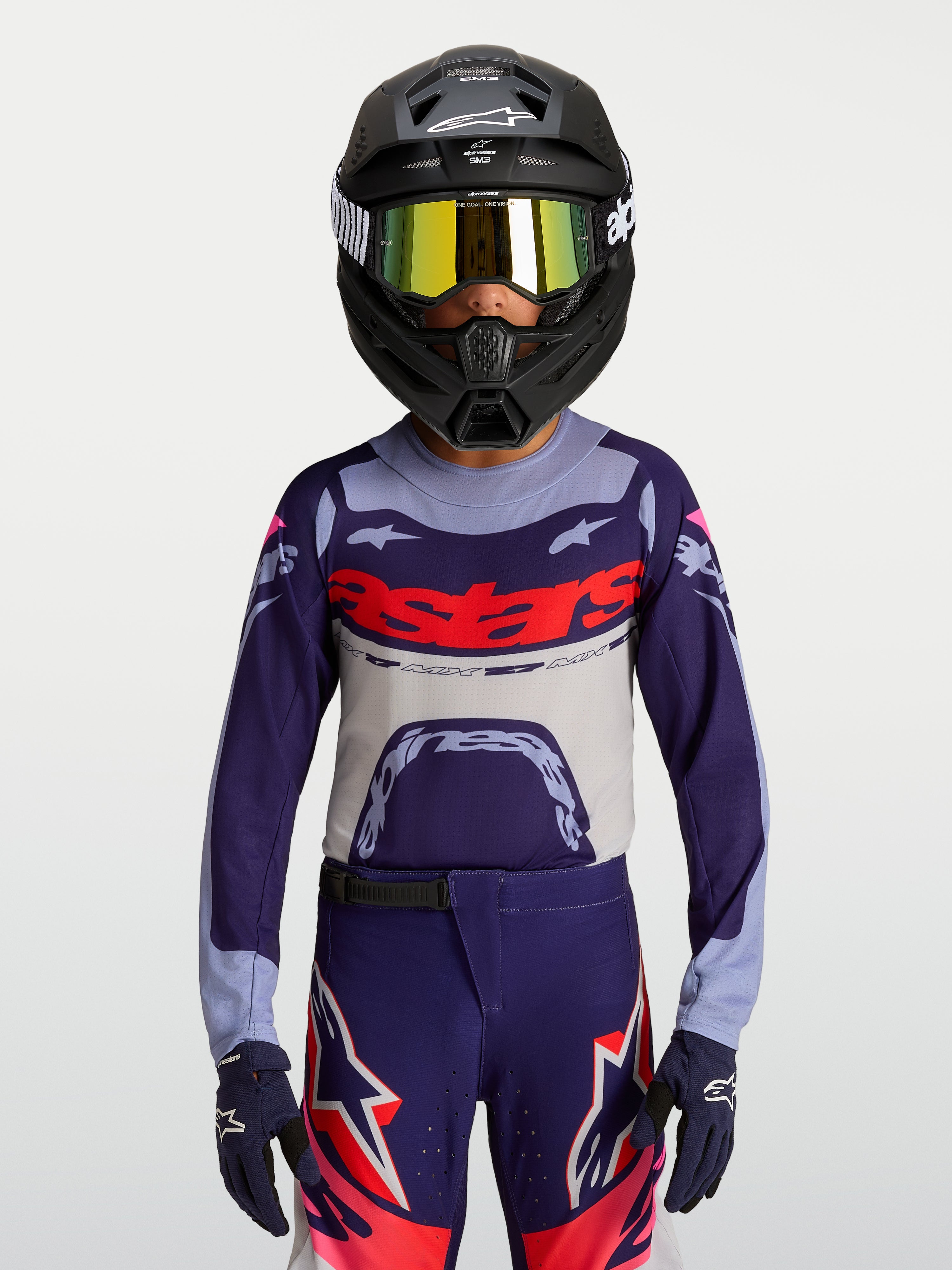 Alpinestars 2027 Supertech Dyna trøje ungdom, lilla og grå motocrosstrøje med atletisk race-fit i åndbart strækmesh