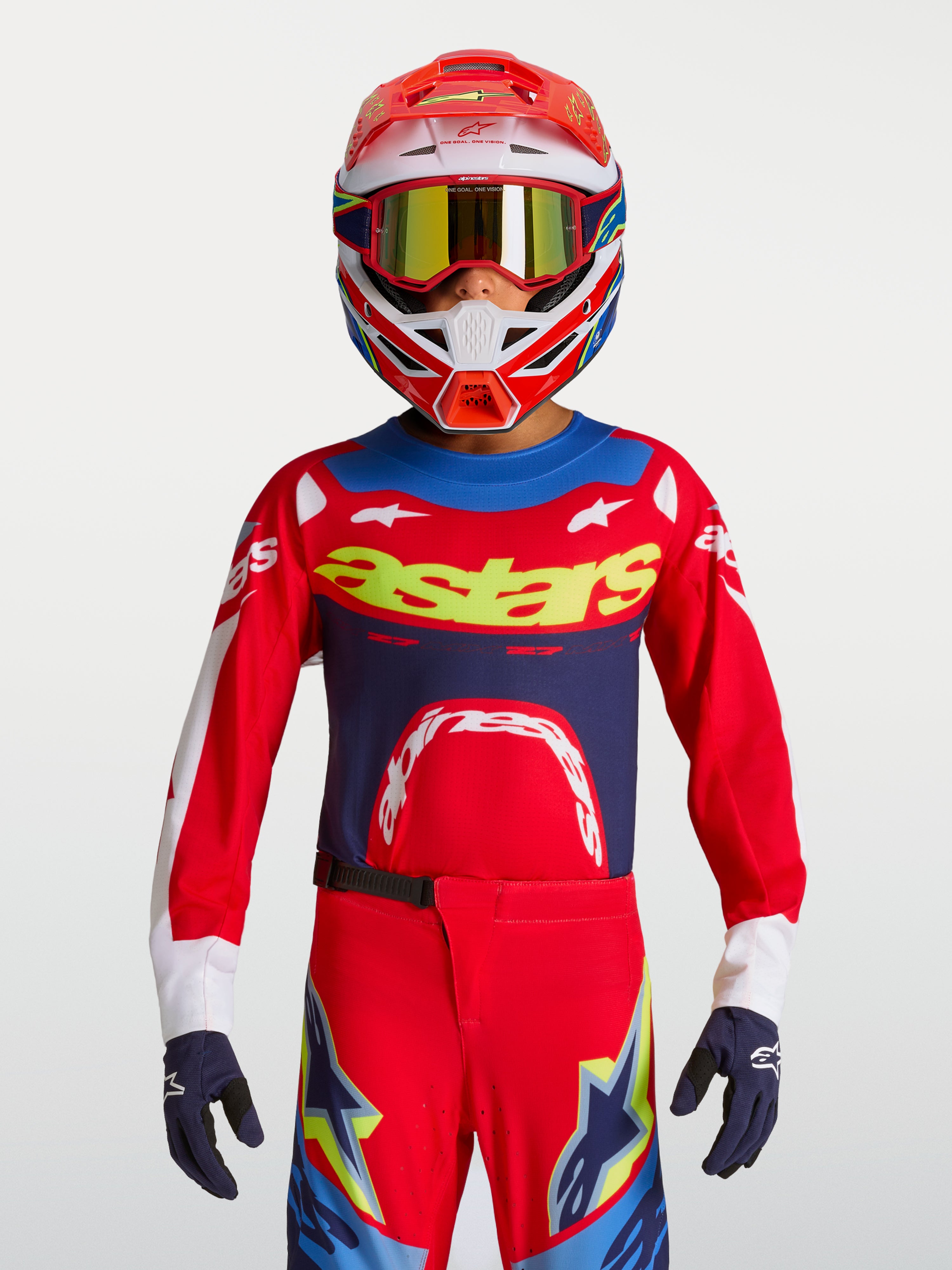 Alpinestars 2027 trøje Supertech Dyna ungdom, rød og mørkeblå motocrosstrøje med åndbart mesh og racerpasform