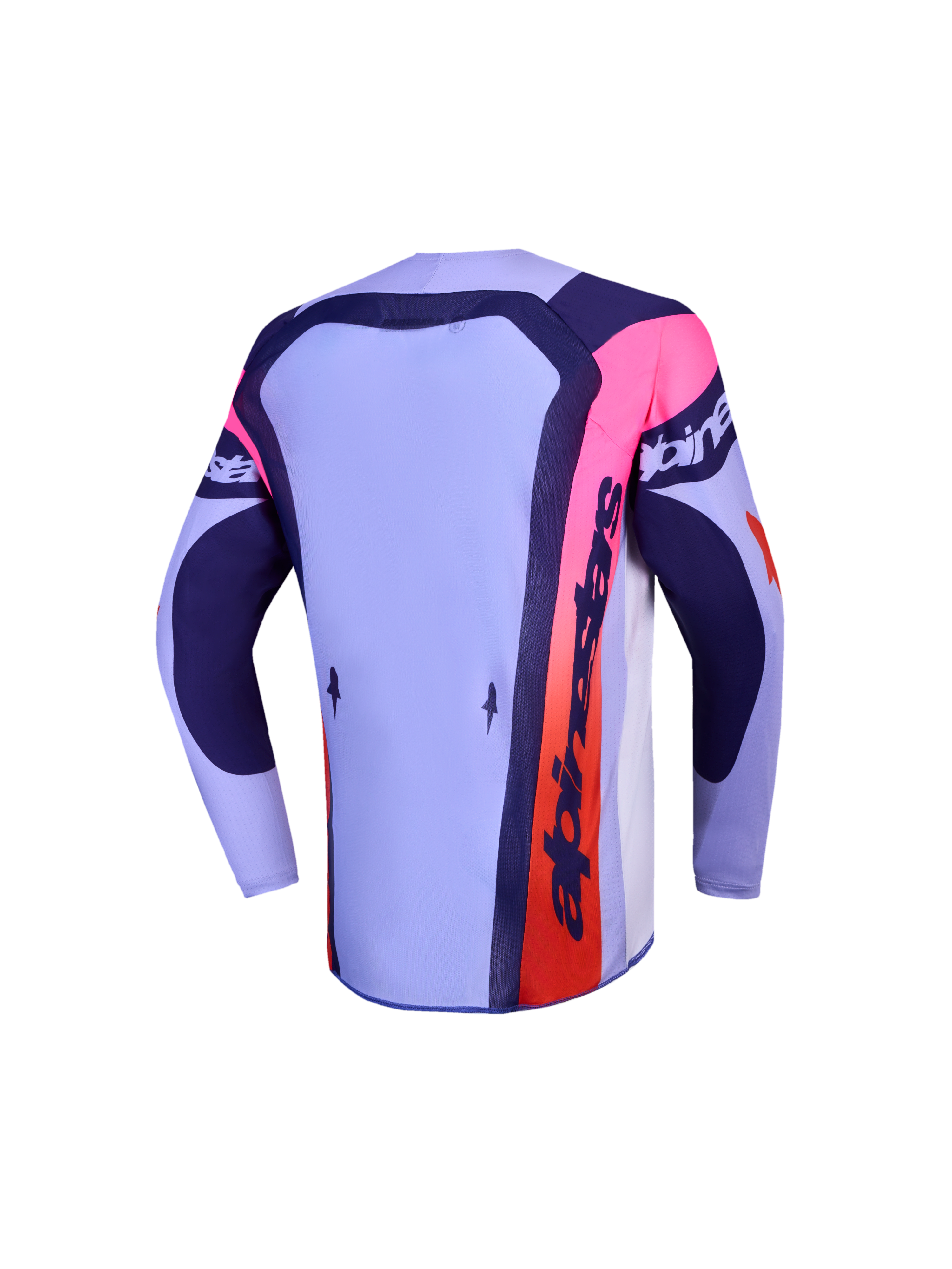 Alpinestars Ungdom Supertech Dyna trøje, teknisk motocrosstrøje set bagfra, lilla og mørkeblå med pink detaljer, designet til terrænkørsel.