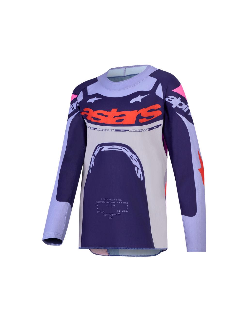 Alpinestars 2027 Supertech Dyna Trøje Ungdom, motocross racing, lilla og pink, ventileret strækmesh med race-fit.