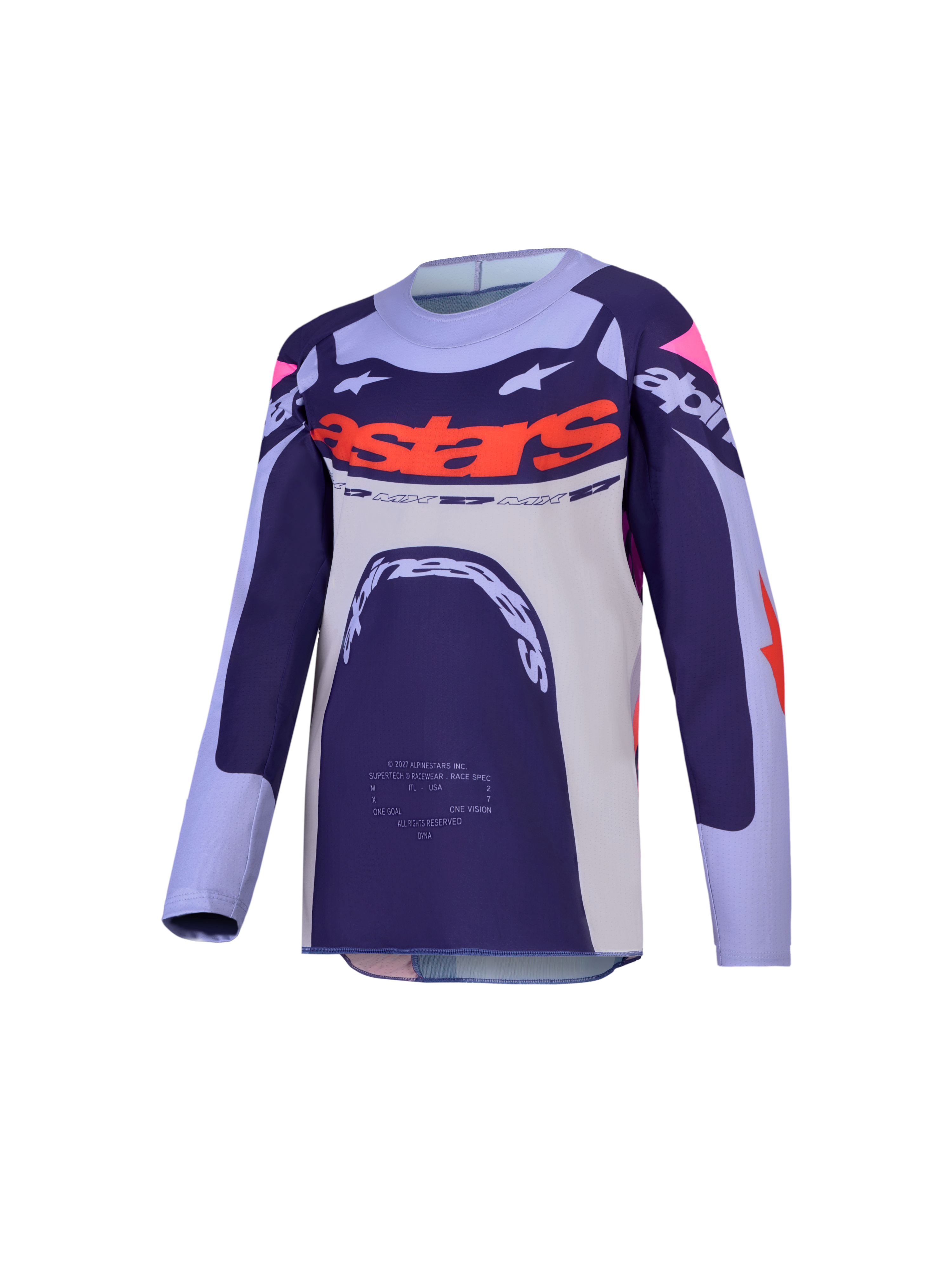 Alpinestars 2027 Supertech Dyna Trøje Ungdom, motocross racing, lilla og pink, ventileret strækmesh med race-fit.