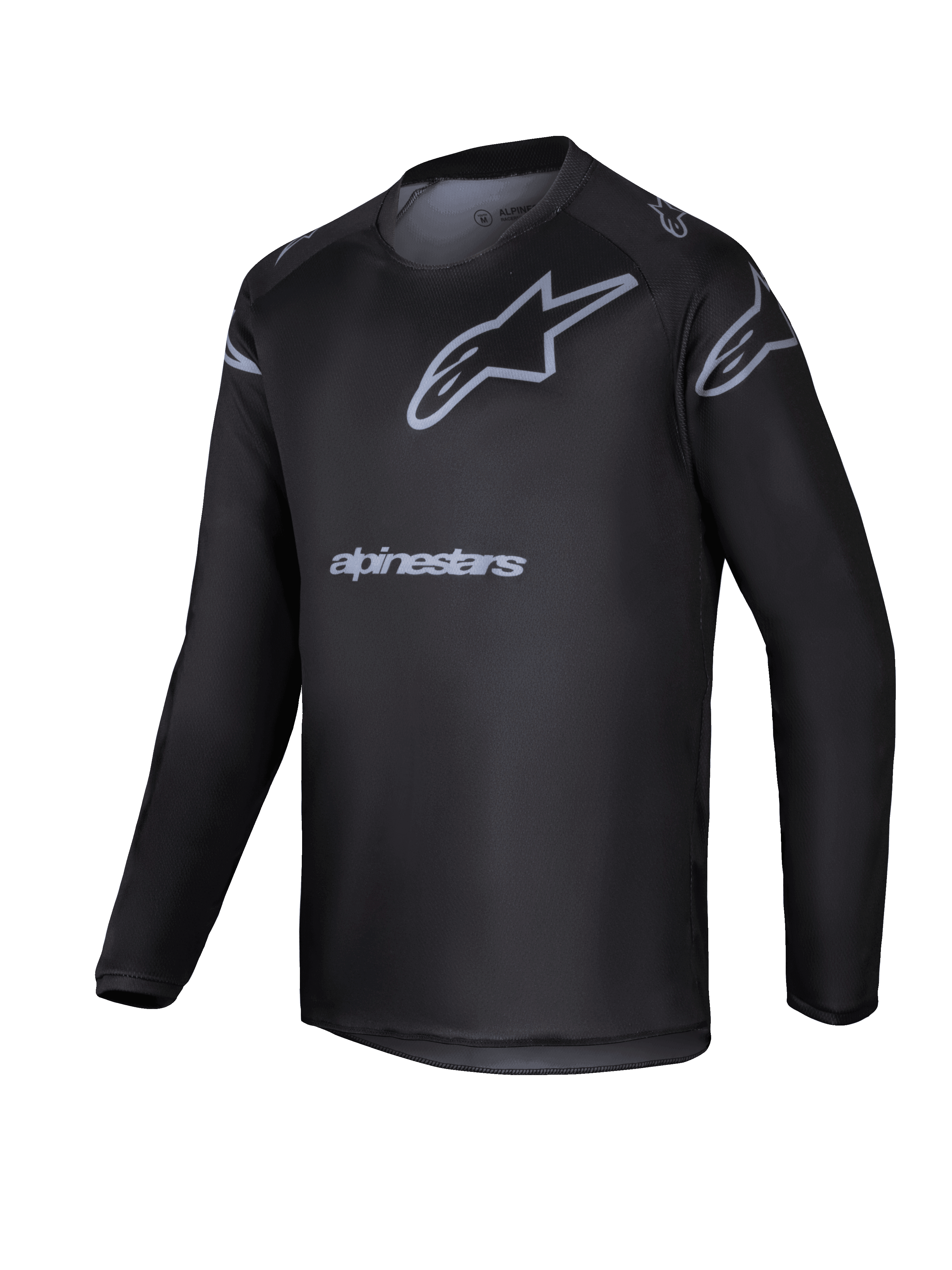 Alpinestars 2025 Youth Racer Graphite Jersey, Black and gray long-sleeve motocross jersey, featuring a gray star logo and brand name, lightweight performance gear for youth off-road riding
