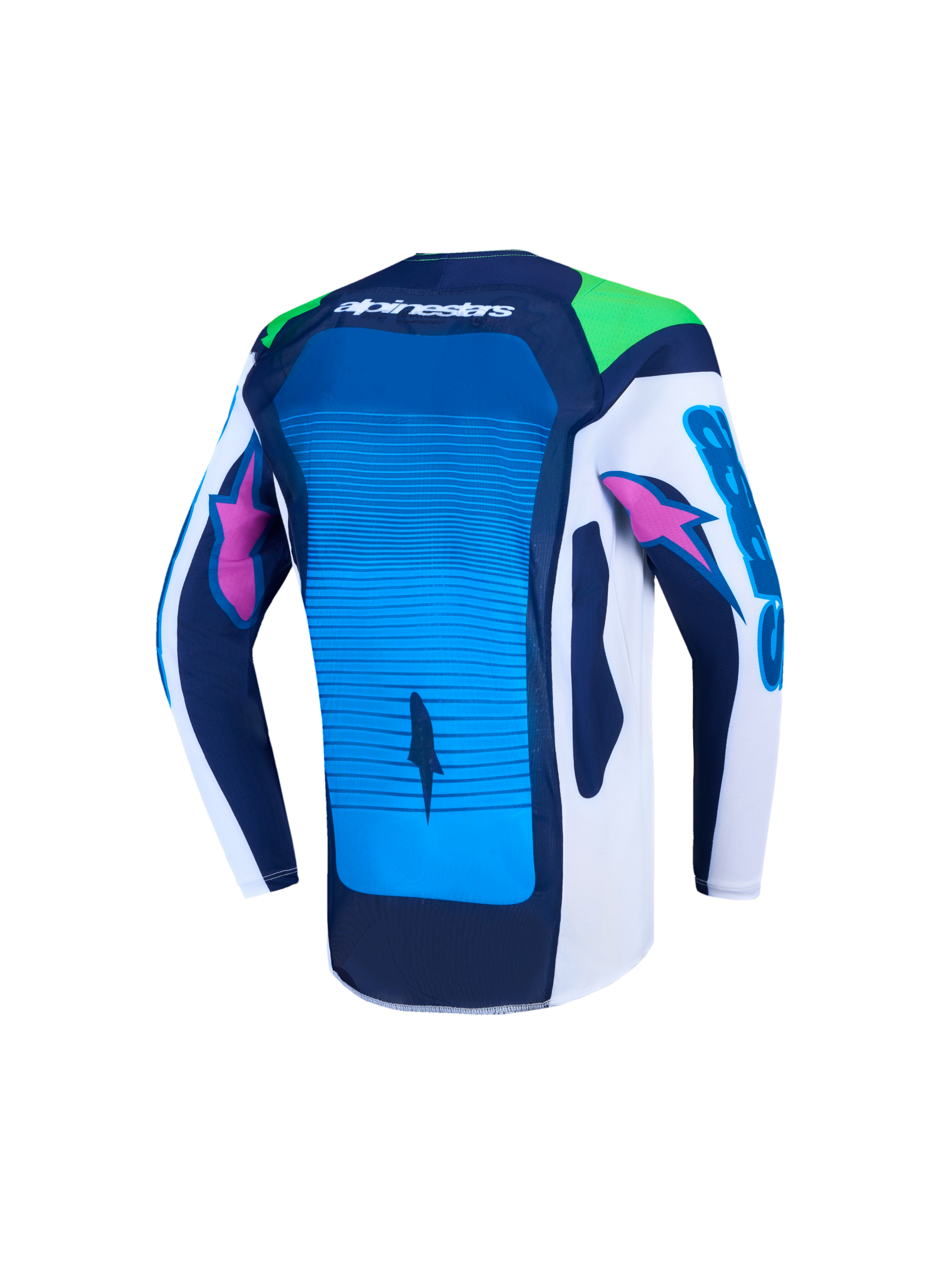 Alpinestars Youth Supertech Maven Jersey, Motocross Racing, Blue and White, back view showing breathable stretch mesh.