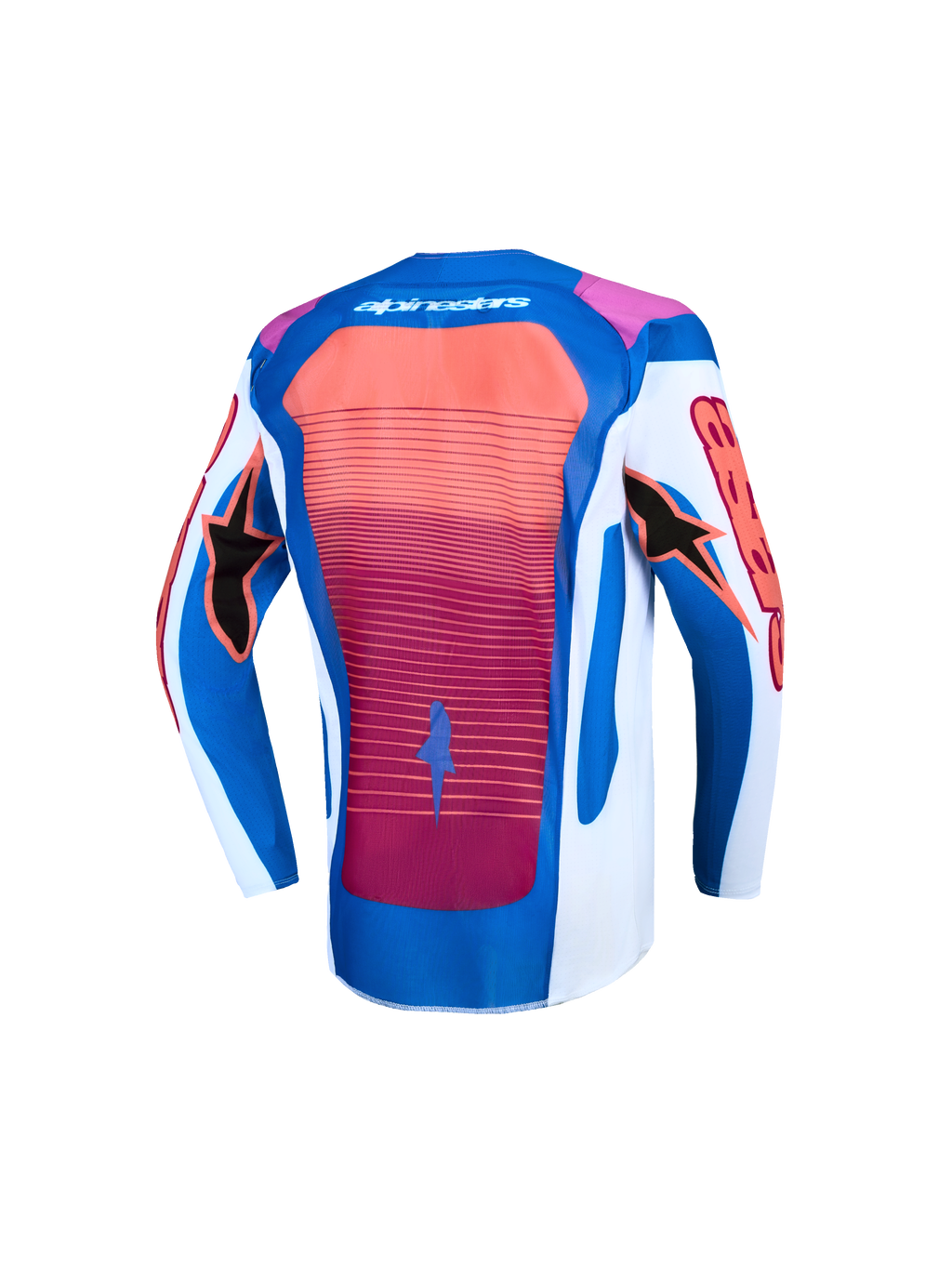 Alpinestars Youth Supertech Maven Motocross Jersey in blue, white, and hot coral with a ventilated mesh back.