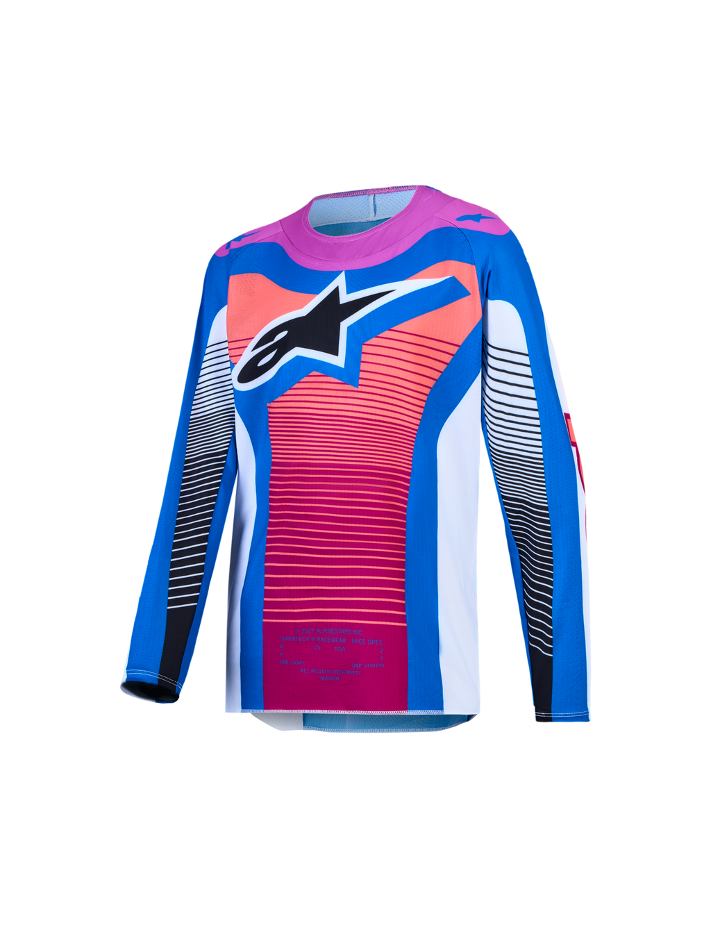 Alpinestars Supertech Maven trøje til ungdom, blå og koral motocrosstrøje i ventileret mesh med sort stjernelogo.