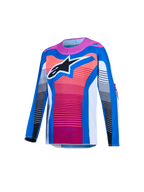 Alpinestars Supertech Maven trøje til ungdom, blå og koral motocrosstrøje i ventileret mesh med sort stjernelogo.