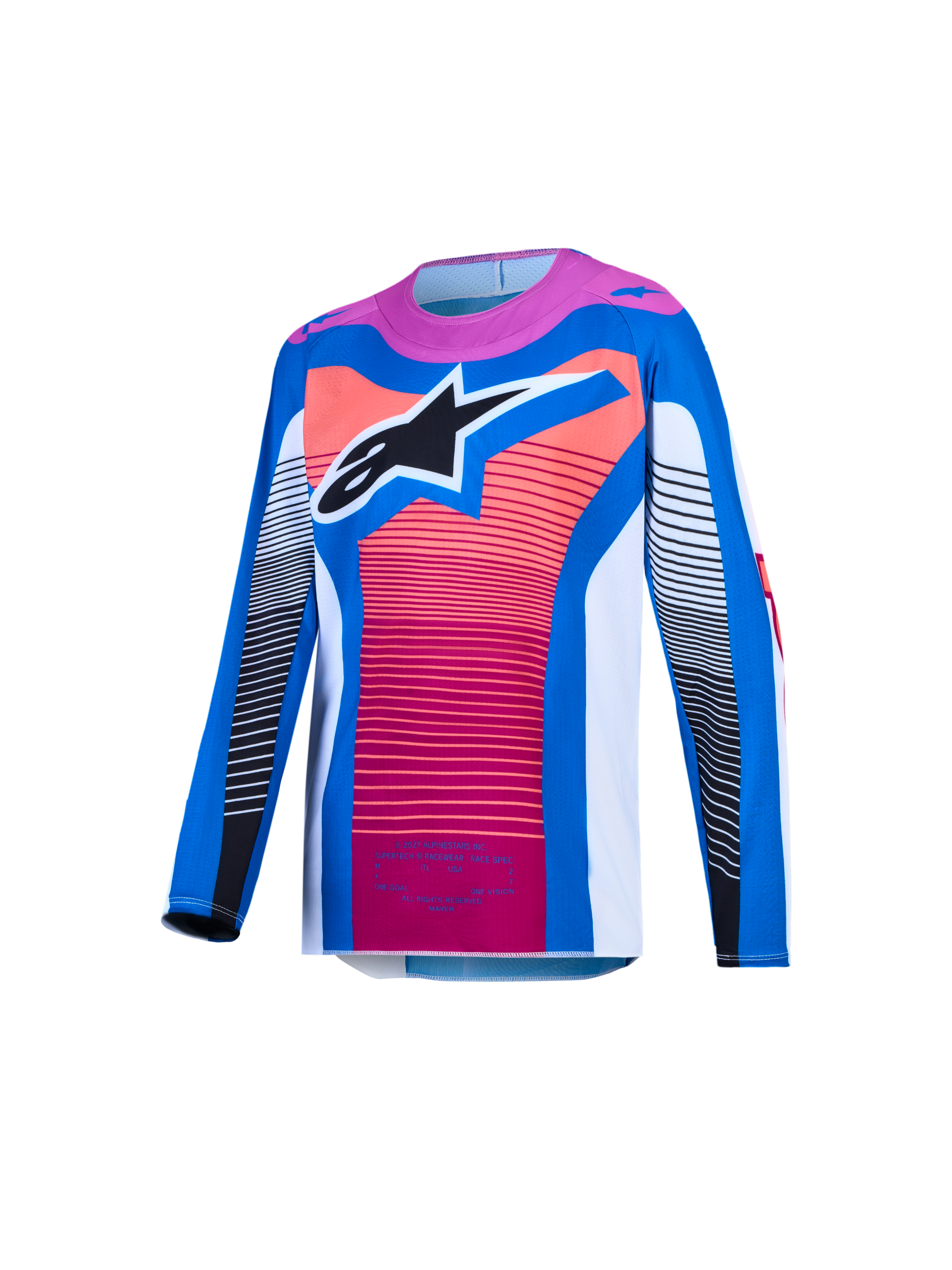 Alpinestars Supertech Maven trøje til ungdom, blå og koral motocrosstrøje i ventileret mesh med sort stjernelogo.