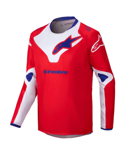 Alpinestars 2025 Youth Racer Veil Jersey, Motocross Jersey, Red with White and Blue accents, long sleeve moisture-wicking fabric, large Alpinestars logos on chest and shoulders, blue inner collar, performance off-road apparel