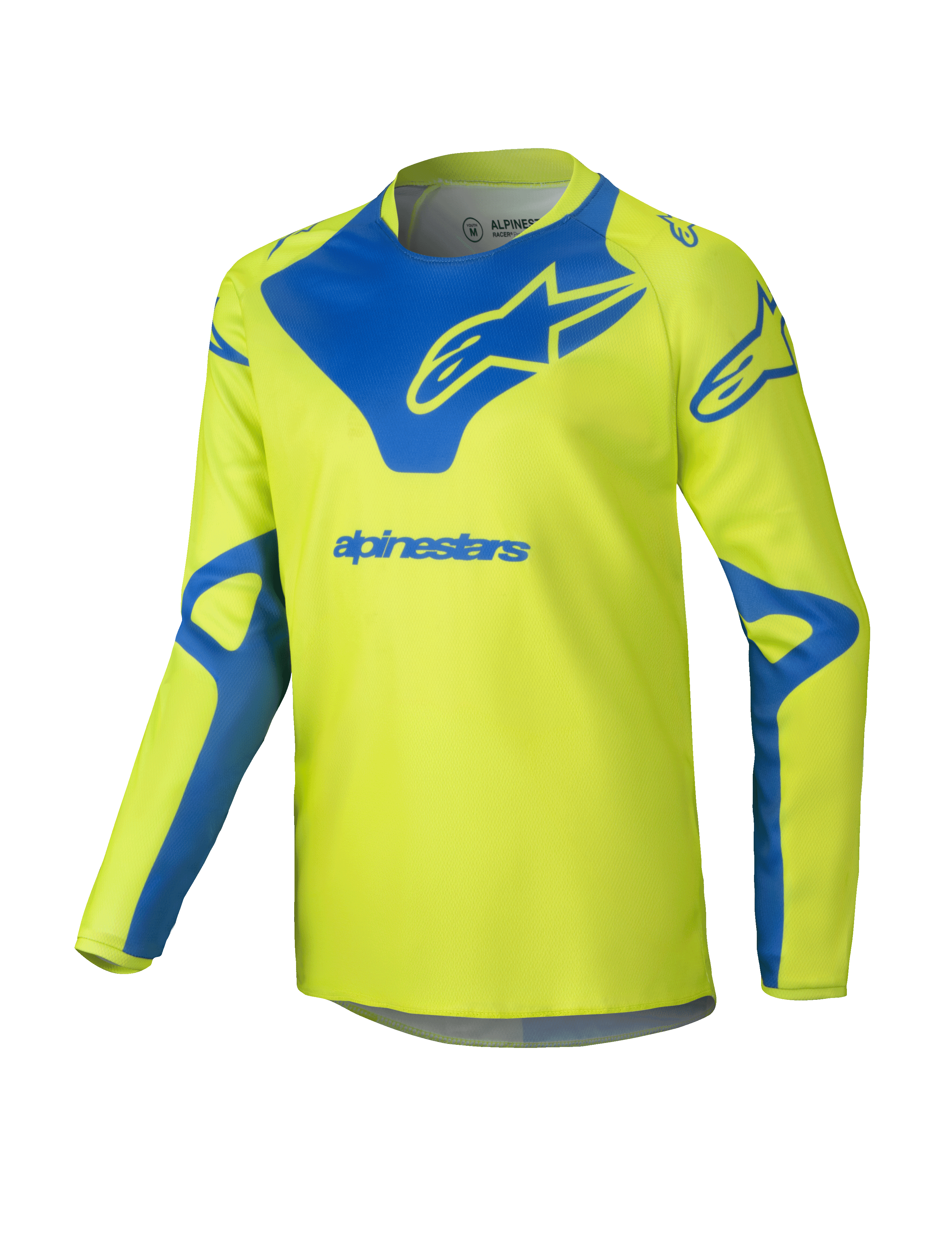 Alpinestars 2025 Youth Racer Veil Jersey, motocross-trøje, neongul og blå, langærmet teknisk overdel, blåt Alpinestars-logo på bryst og skuldre, letvægts fugttransporterende stof til off-road racing