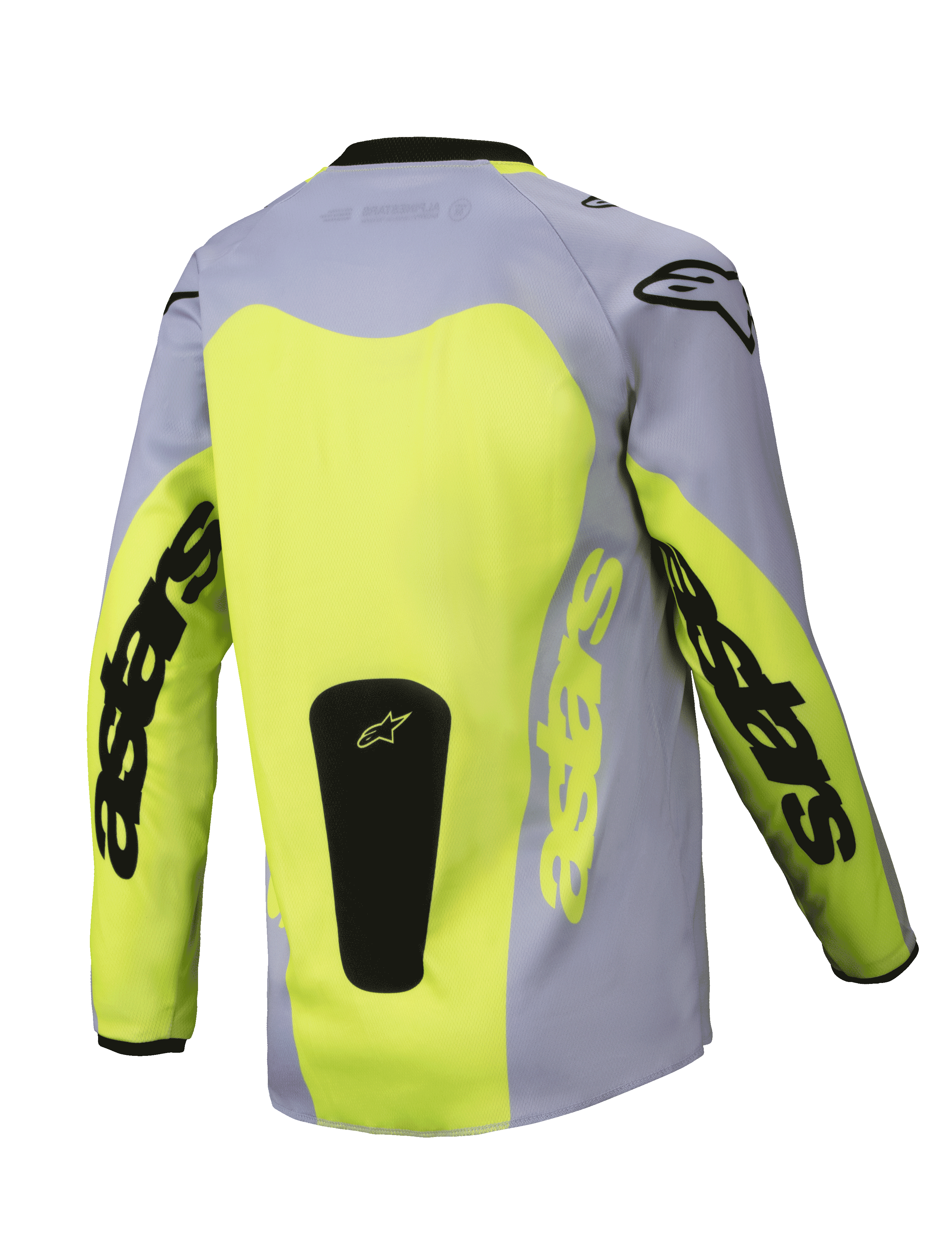 Alpinestars 2025 Youth Racer Veil Jersey, Back view, Gray and Fluorescent Yellow, featuring a large yellow back panel and Astars branding on the sleeves, black logo patch at the base, lightweight motocross gear for off-road riding