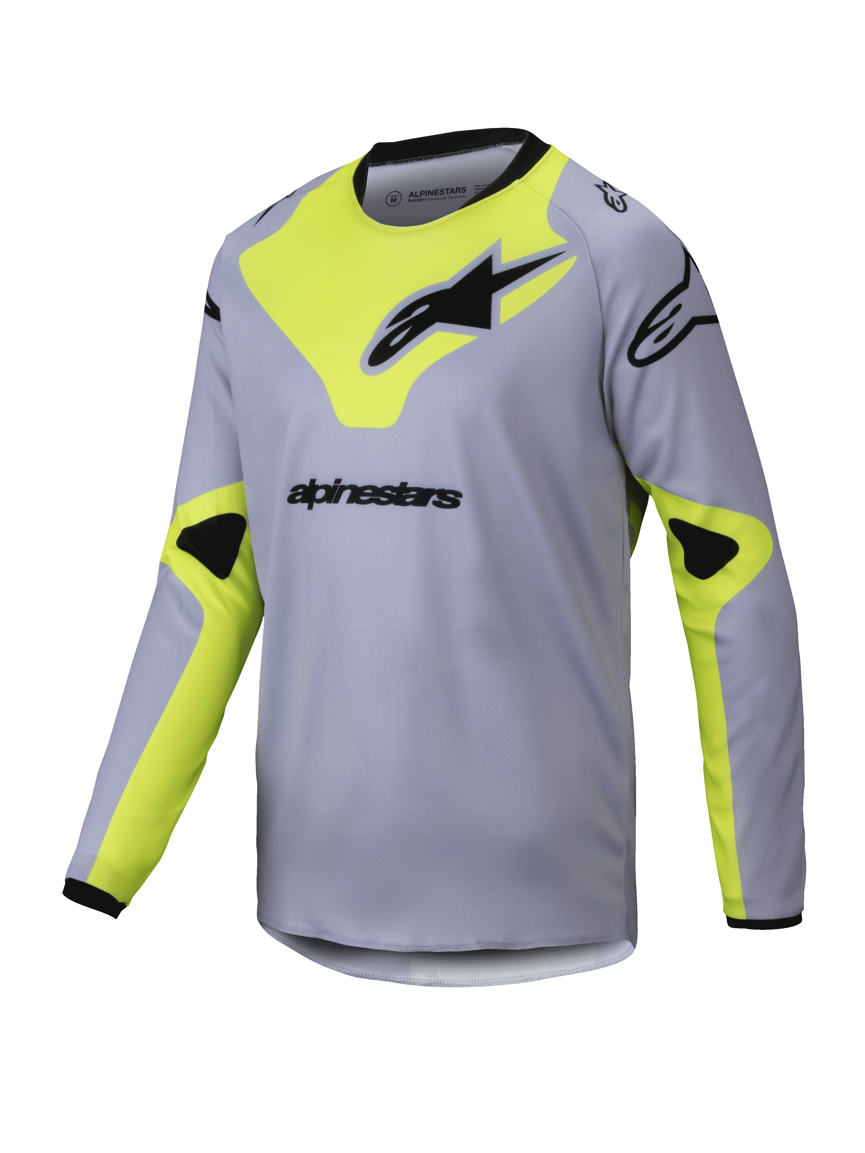 Alpinestars 2025 Youth Racer Veil Jersey, langærmet motocross-trøje til unge, grå og gul fluo, sorte logoer, letvægts åndbart stof, sort krave og manchetter, geometrisk design
