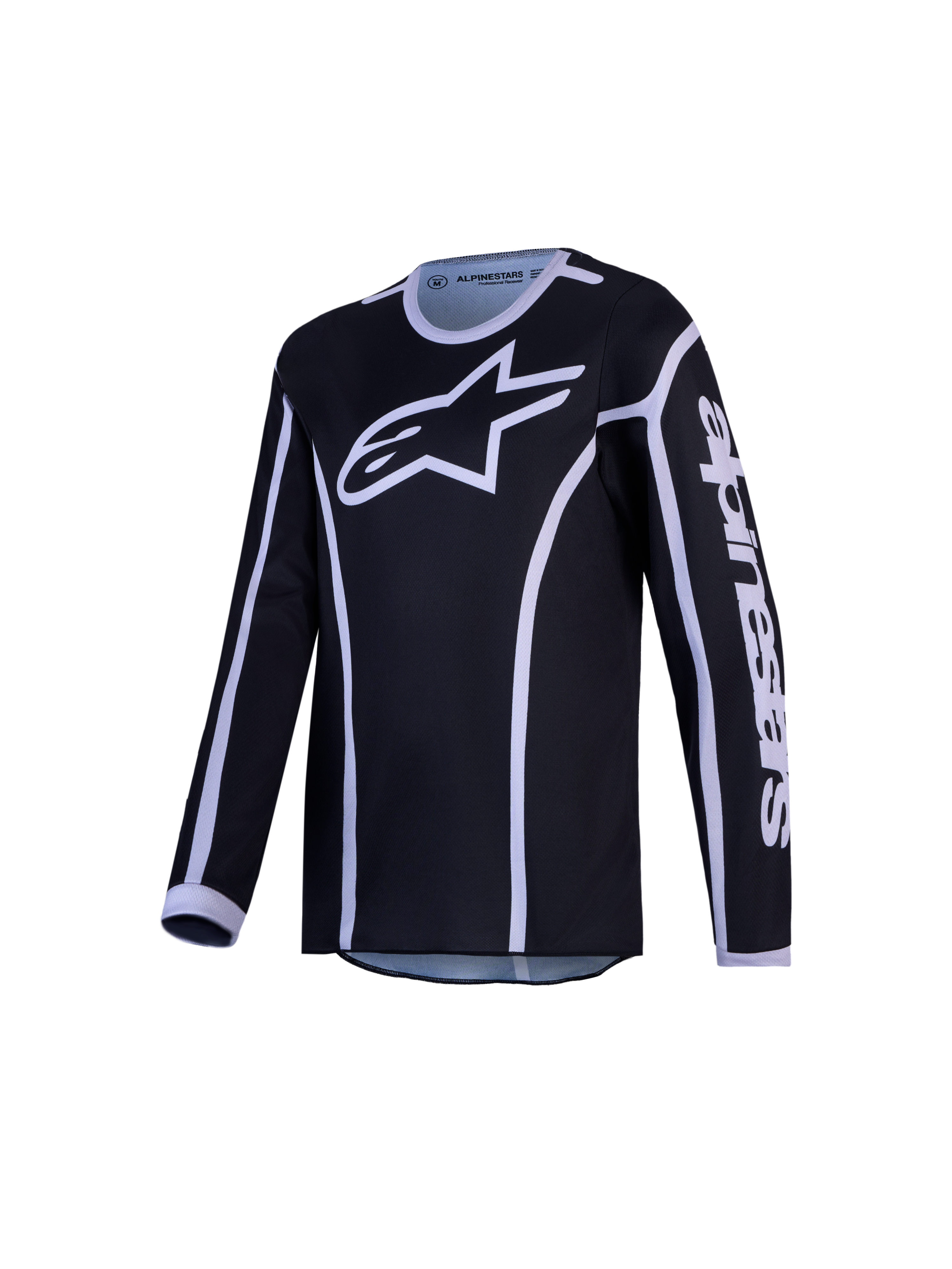 Alpinestars Fluid Apex V2 Trøje Ungdom og Gear Set, sort og sølv motocrosstrøje i fugttransporterende poly-tekstil.