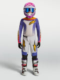 Alpinestars 2027 Fluid Drag trøje og udstyrssæt til ungdom, lilla og hvidt motocross-sæt med gulddetaljer.