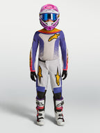 Alpinestars 2027 Youth Fluid Drag Jersey and Gear Set, youth motocross outfit in lilac and white with gold accents.